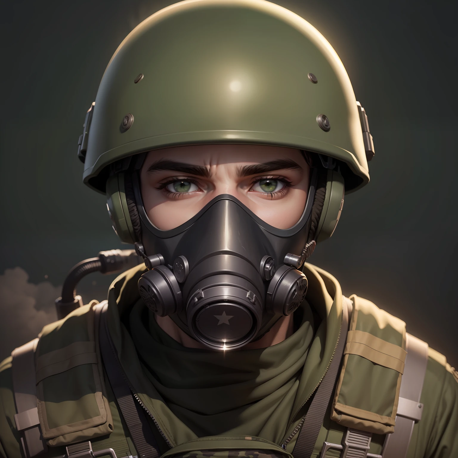 adrian_shephard, male focus, standing, (green olive t-shirt:1.3, camo long pants:1.1), gas mask, glove, helmet <lora:Adrian_Shephard:0.85>