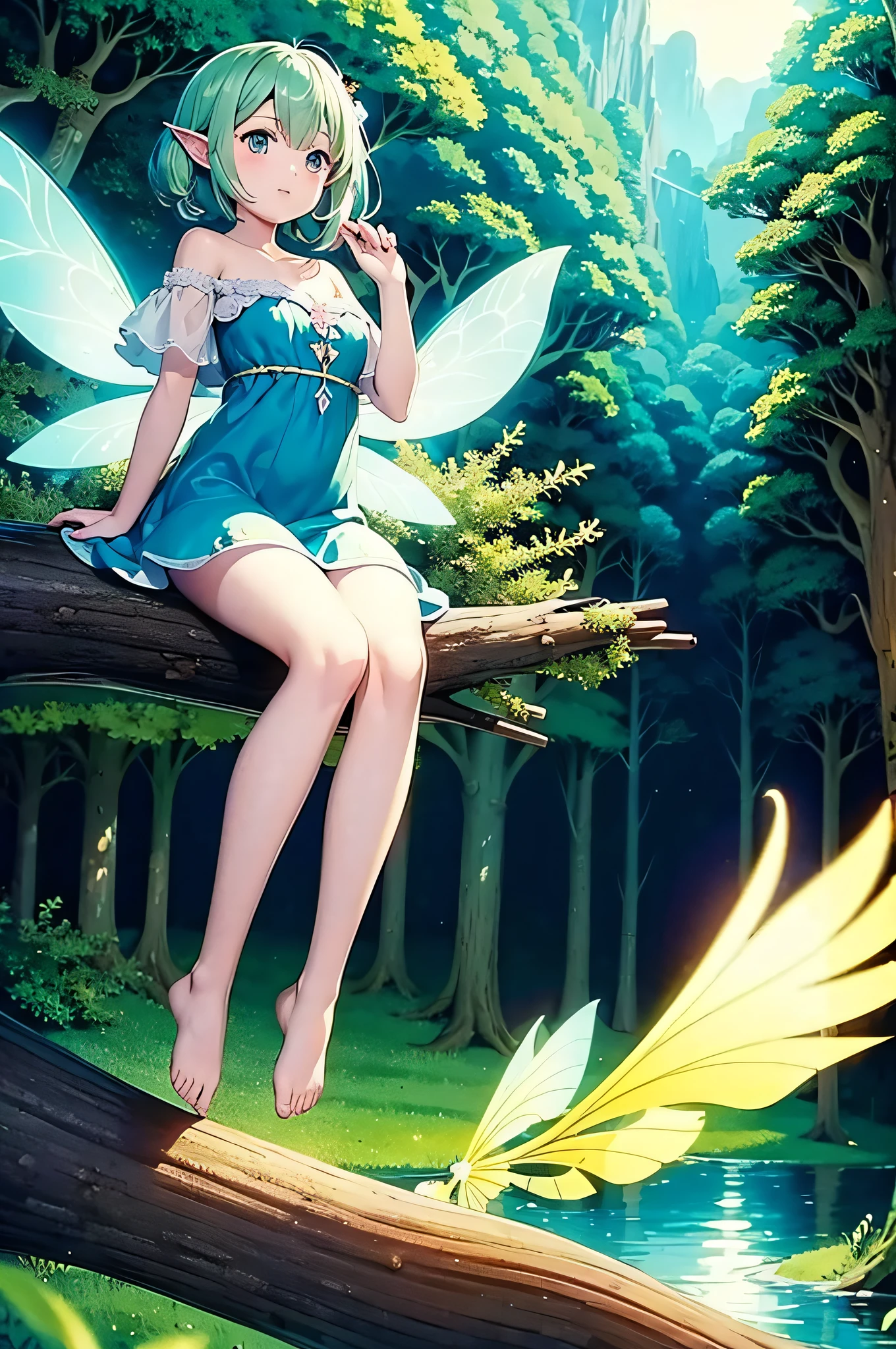 Fairy Winged Girl 1 persons Moonlit in woods Sitting on a fallen tree Putting your feet in the river Longhaire