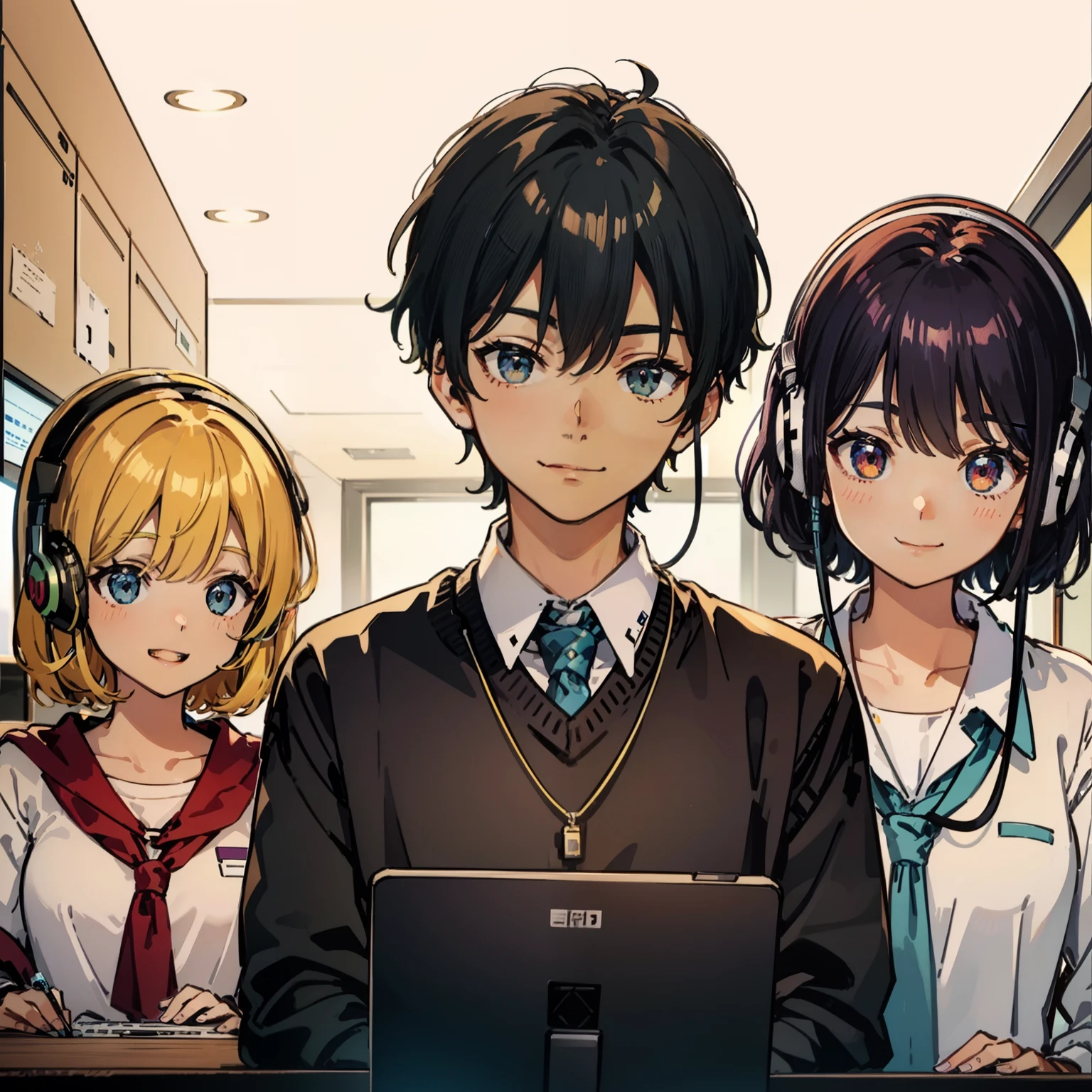 The background is office、Income with two men and women in their 20s wearing headsets in plain clothes、Bright smile、sitting in the chair、Typing characters on the PC keyboard on the desk。