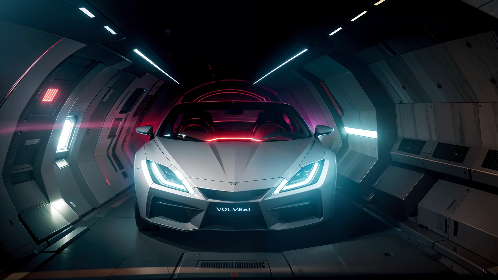 A spaceship with lights on in a tunnel at night, volumetric lighting — w 6 4 0, taken with a Sony A7R camera, detailed ambient lighting, gurney with ambient lighting, Volumetric illumination - N 9, 8K. voluminetric lighting, volumetric lighting - h 7 6 8, Volumetric illumination, 8 k''. voluminetric lighting. Dark