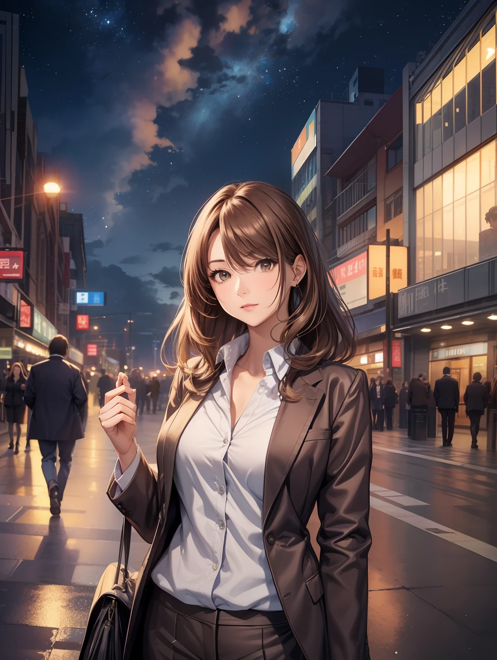 Best Quality, masutepiece, beautiful mature women、Beautiful face、Strong-minded woman、Office Suits、brown haired、Brown-eyed、Medium Hair、40 years、adult lady、In front of the station、nigh sky、Full body like、look up sky