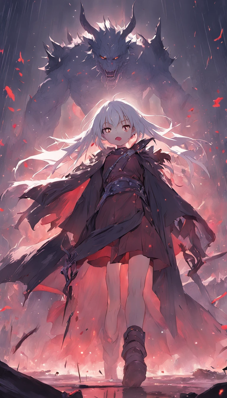 An epic scene in a desolate village reduced to ruin, it is snowing and there is a young white-haired girl who even bruised and bleeding holds a sword and faces a giant demon with dark skin and big horns