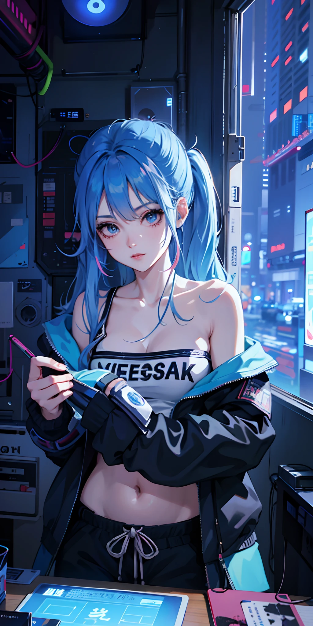 Anime girl with blue hair and black top holding book, style of anime4 K, Digital cyberpunk anime art, cyberpunk anime girl, digitl cyberpunk - anime art, female cyberpunk anime girl, anime cyberpunk art, Anime style. 8K, cyberpunk anime art, cyberpunk anime girl in hoodie, 4K anime wallpaper, Anime wallpaper 4 k, Anime wallpaper 4K, anime cyberpunk