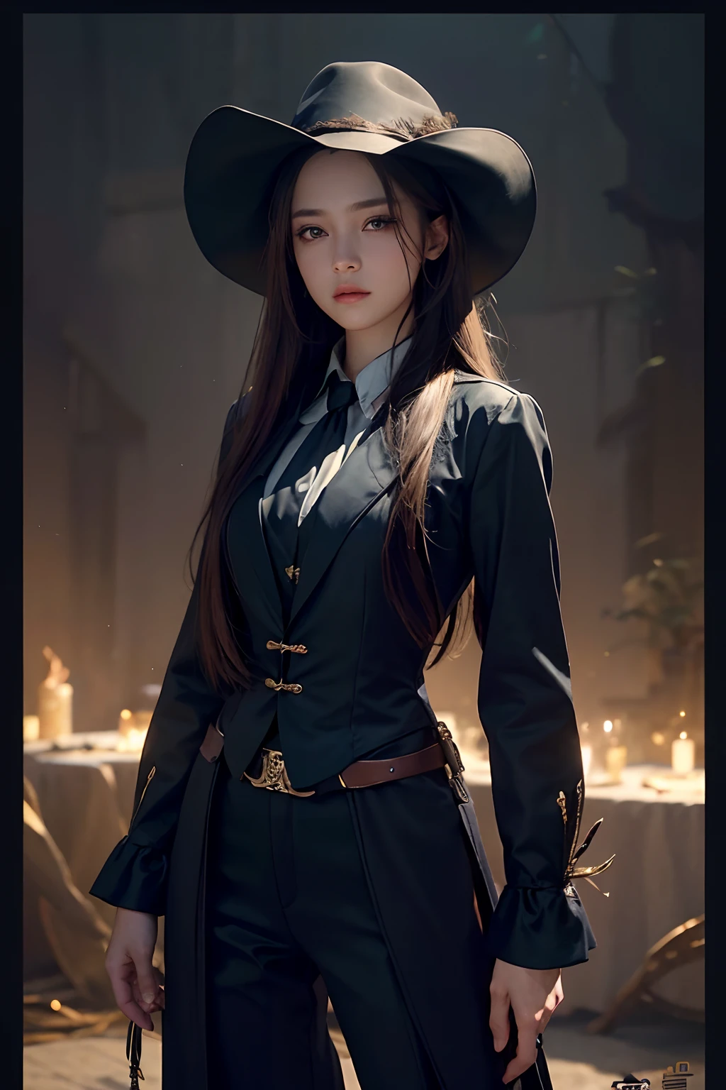 female bare，Fantasyart，photographrealistic，动态照明，artstation，poster for，Volumetriclighting，Very detailed faces，4 k，Award-Awarded，，1girl，in the darkness nigth，deep shading，low tune，Cowboy photos,(formal outfit:1.4),long whitr hair,whaite hair,
