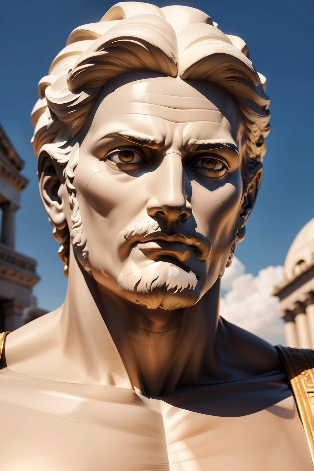 Greek statue, Man of advanced age, Anciao,The face of the statue personifies trust and authority. Um olhar firme e determinado emana dos olhos precisamente esculpidos, convey a sense of purpose and determination. The slightly arched eyebrows give an air of introspection, while the straight nose and subtle lips convey a sense of seriousness and thoughtfulness.