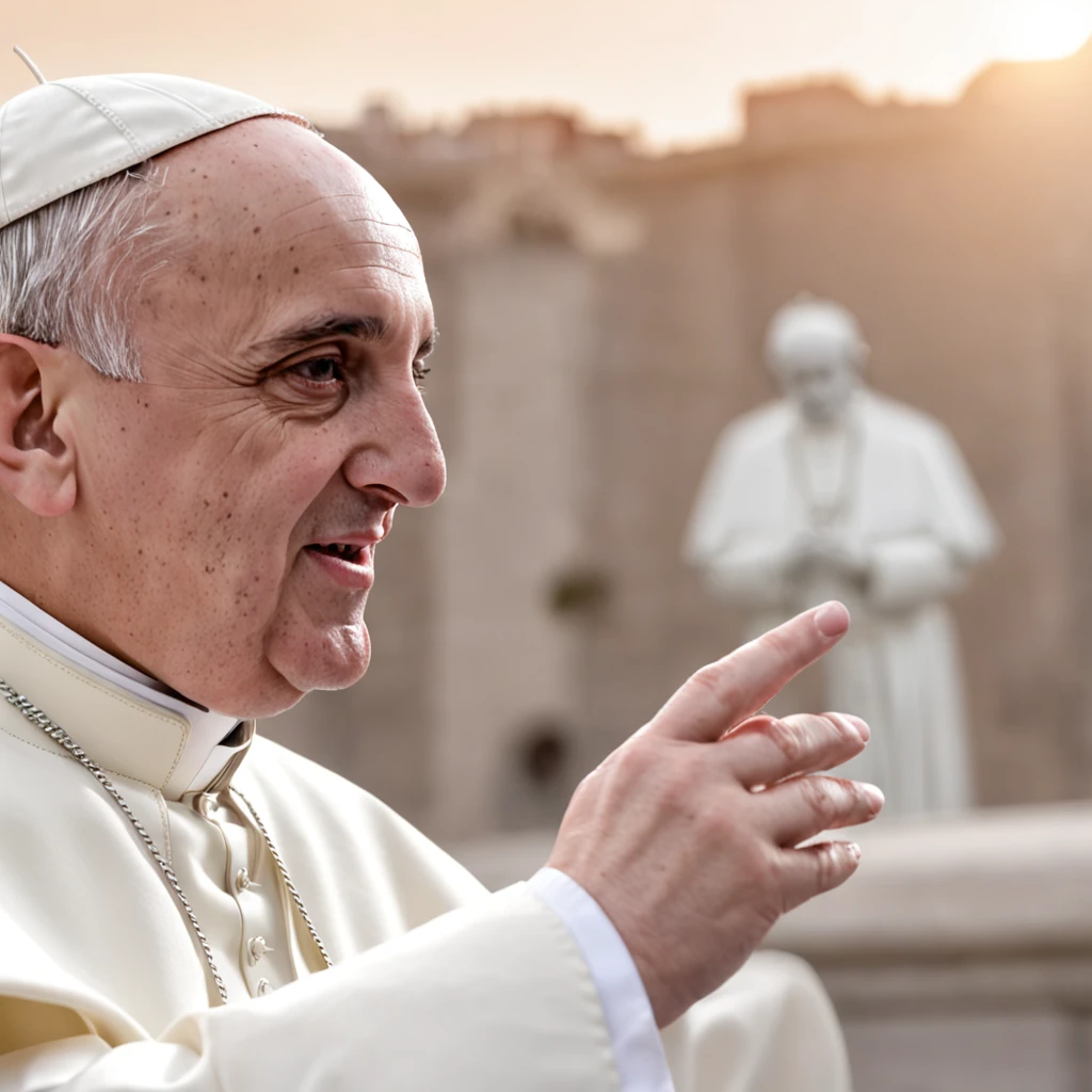 (Professional 3D rendering:1.3) de (Realistic:1.3) (Professional 3D rendering:1.3) de (Realistic:1.3) Papa Francisco no Vaticano, the arm outstretched in greeting, the majestic architecture of the Vatican in soft focus from behind, feixes de luz filtrando de cima, retratado em um estilo extremamente realista, capturando as nuances realistas, detalhes intrincados, e luz suave