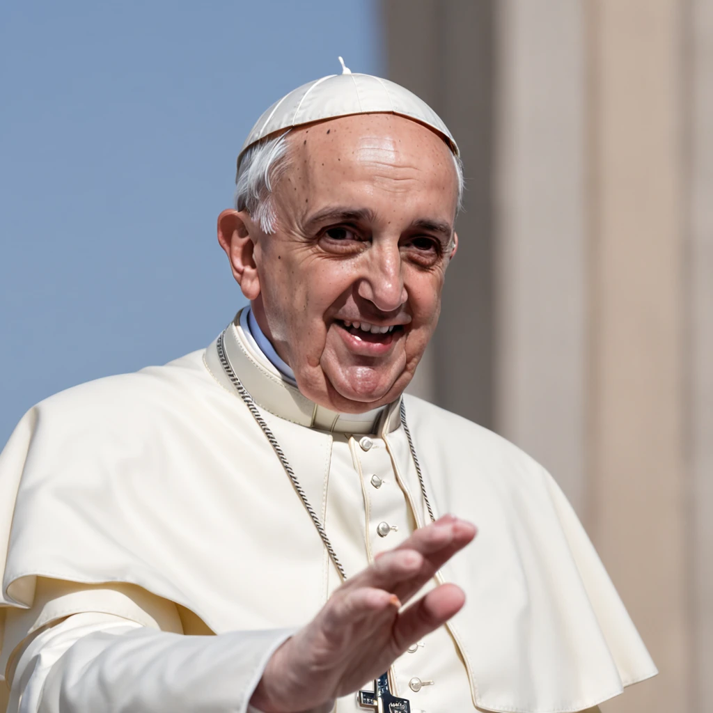 (Professional 3D rendering:1.3) de (Realistic:1.3) (Professional 3D rendering:1.3) de (Realistic:1.3) Papa Francisco no Vaticano, the arm outstretched in greeting, the majestic architecture of the Vatican in soft focus from behind, feixes de luz filtrando de cima, retratado em um estilo extremamente realista, capturando as nuances realistas, detalhes intrincados, e luz suave