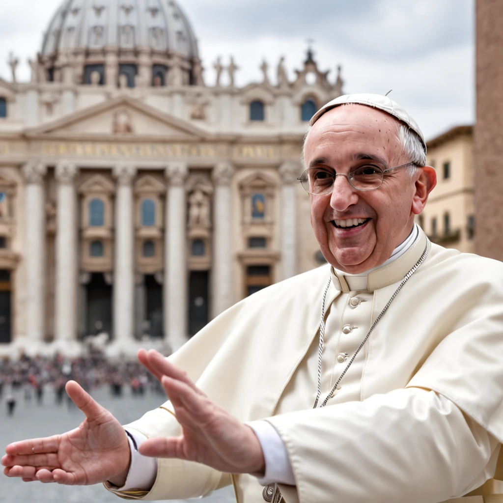 (Professional 3D rendering:1.3) de (Realistic:1.3) (Professional 3D rendering:1.3) de (Realistic:1.3) Papa Francisco no Vaticano, the arm outstretched in greeting, the majestic architecture of the Vatican in soft focus from behind, feixes de luz filtrando de cima, retratado em um estilo extremamente realista, capturando as nuances realistas, detalhes intrincados, e luz suave