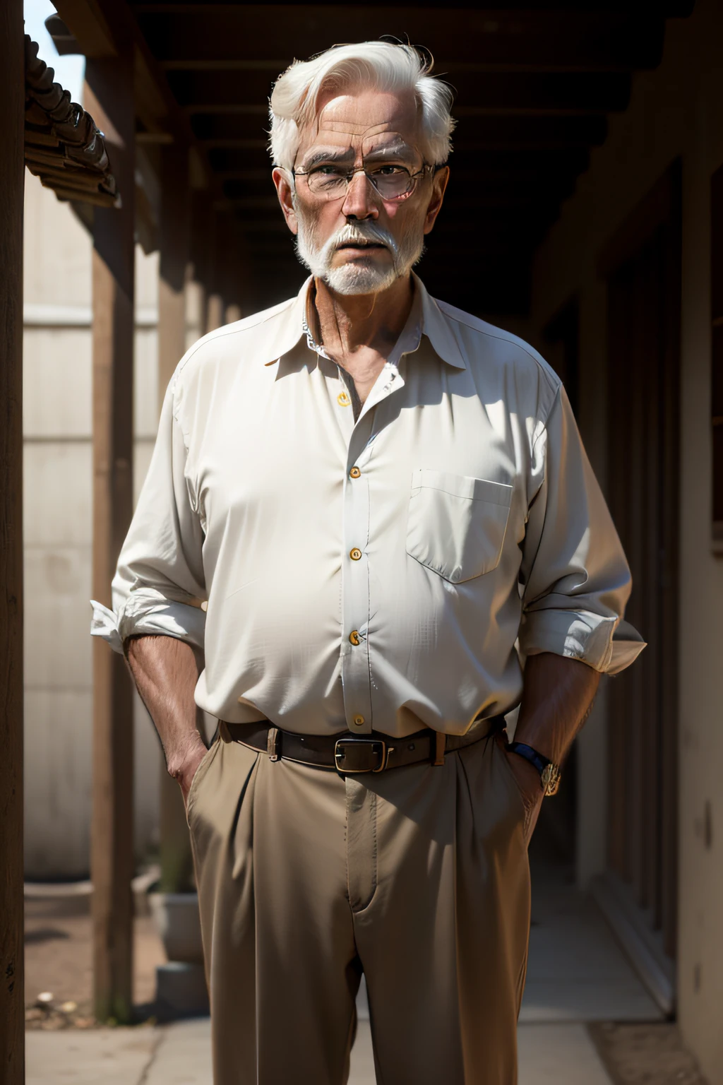 70 years old , Man, Stand in dim light looking at the camera , Handsome, Salesman , American,85mm focal length,1.2 apertures
