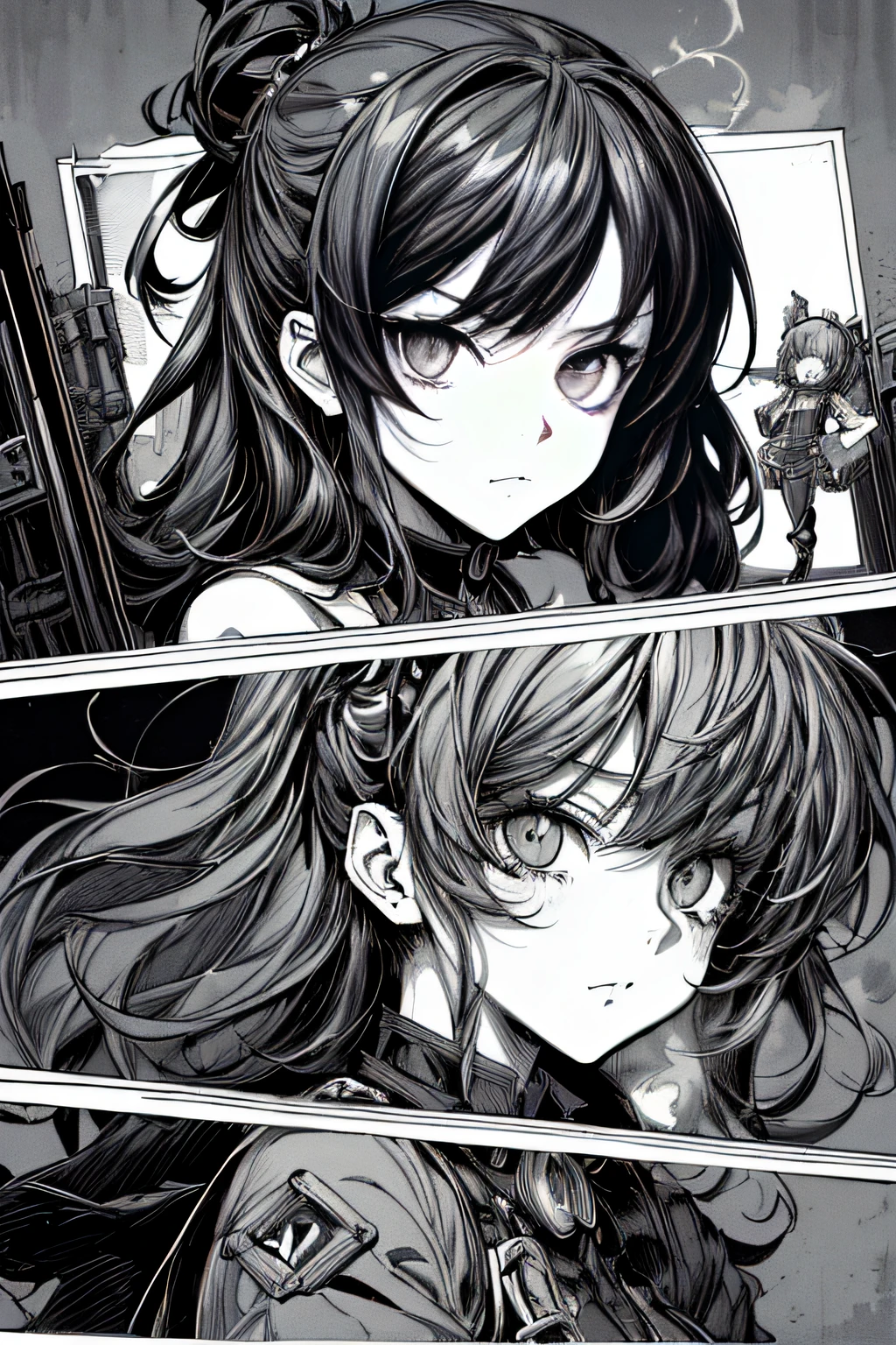(Comic Noir Style),(linear art_Anime),(black-and-white_High contrast),(masutepiece, Best Quality, ),(Laura Bad Picture:1.2),(Lora Add Details:1.2),8K, Flat color:1.2,1girl in,Chibi,steampunc、machinery background