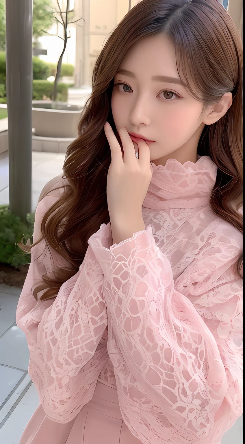 ((top-quality、8K、​masterpiece:1.3))、realskin、Marble background、FULL BODYSHOT、女の子1人、Beautiful woman with slender abs:1.3、(long curly hair、爆乳:1.2)、sexy facial expression、Long Sleeve Pink Lace High Neck Shirt:1.1、hyperdetailed face、A detailed eye、Double eyelid hands on face、Korean Beauties、Pink lace skirt、beautiful and long legs、high-heels、Walking