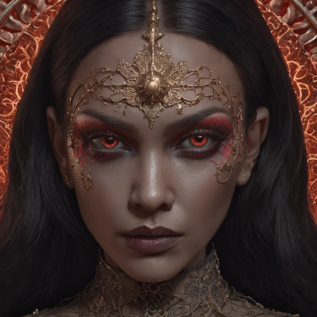 Satanic priestess Concept art portrait by Casey Weldon, Olga Kvasha, Miho Hirano, hyperdetailed intricately detailed gothic art trending on Artstation triadic colors, textured skin, cold skin pores,  Unreal Engine 5 detailed matte painting, deep color, fantastical, intricate detail, splash screen, complementary colors, fantasy concept art, 8k resolution, gothic deviantart masterpiece