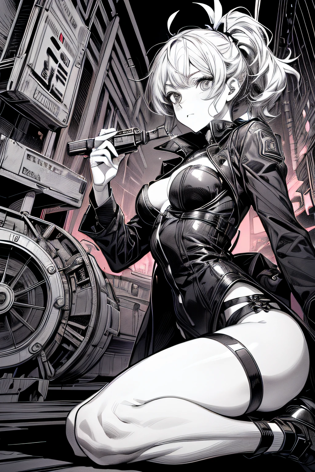 (Comic Noir Style),(linear art_Anime),(black-and-white_High contrast),(masutepiece, Best Quality, ),(Laura Bad Picture:1.2),(Lora Add Details:1.2),8K, Flat color:1.2,1girl in,Chibi,steampunc、machinery background