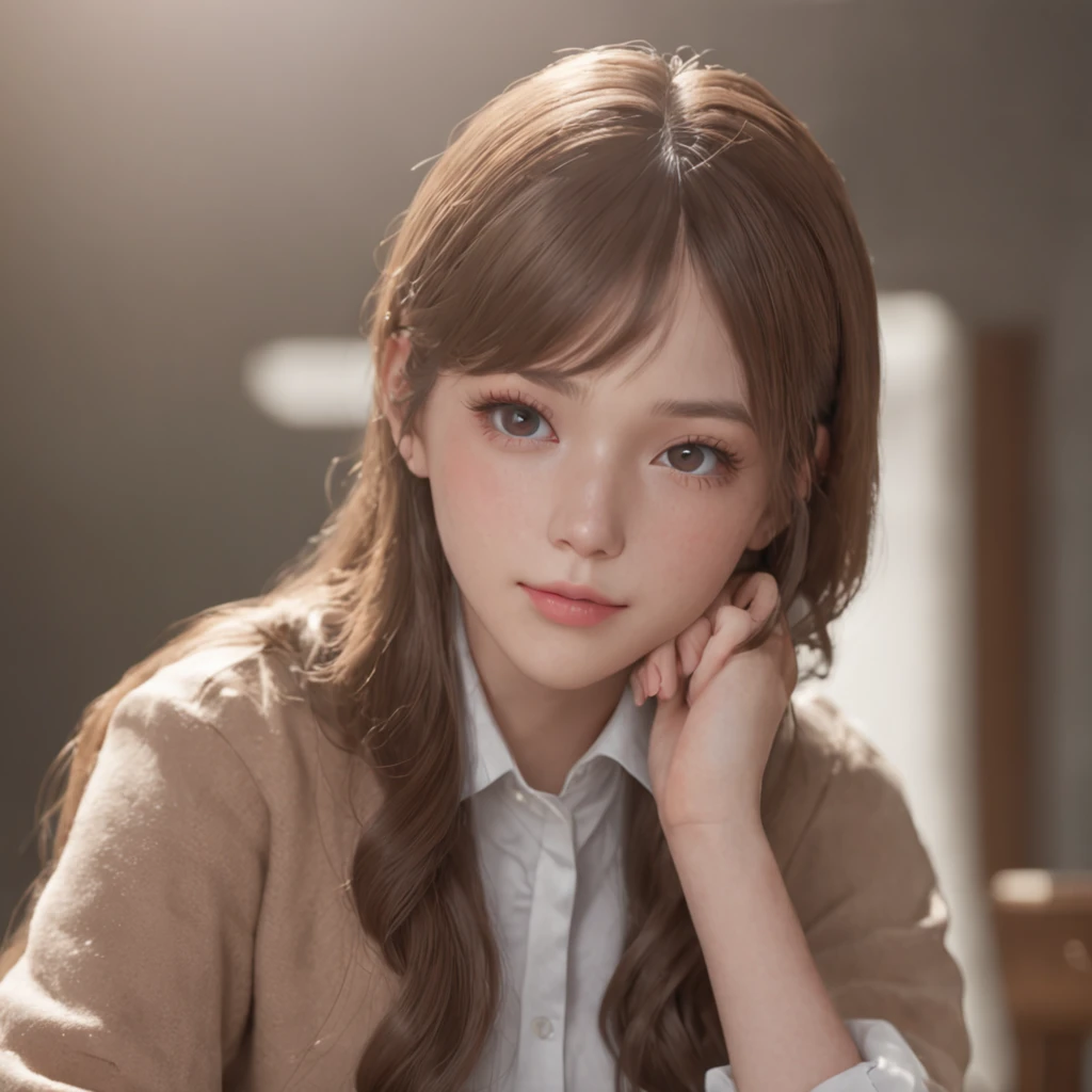 there is a woman sitting on a chair in a room, a hyperrealistic schoolgirl, a hyperrealistic schoolgirl, Realistic Schoolgirl, real life anime girl, photorealistic anime, beautiful anime high school girl, realistic young anime girl, realistic anime 3 d style, Hyper realistic anime, photorealistic anime girl render, charming anime girls, Anime. Soft lighting