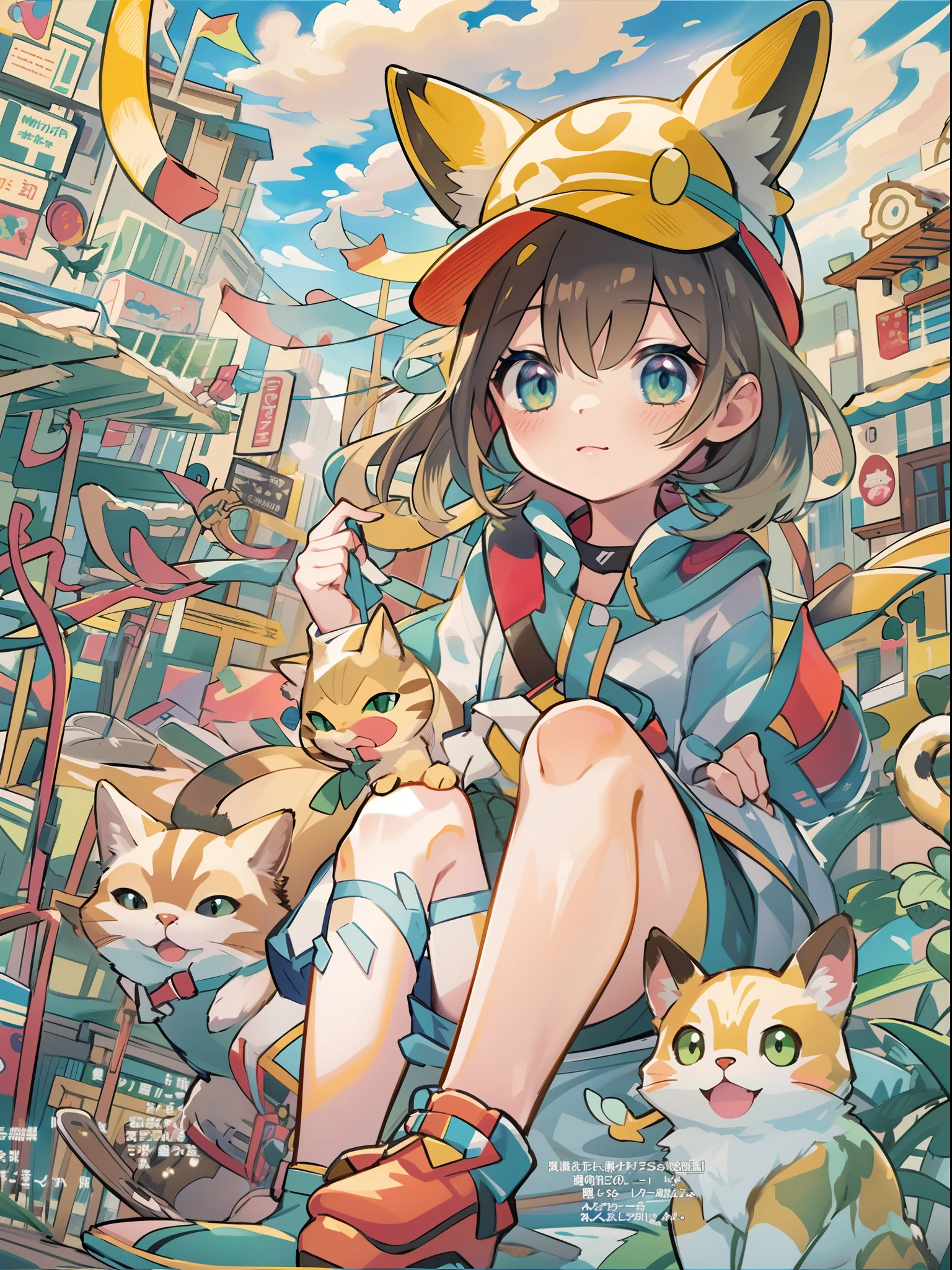 1girl in,A pokémon_The card,(top-quality), (high_quality), (Convoluted_Details), (ultra-detailliert), (illustratio), (Distinct_image),saito_naoki,city scenery、Rainbow view、With cats((Cute cat1.5))
