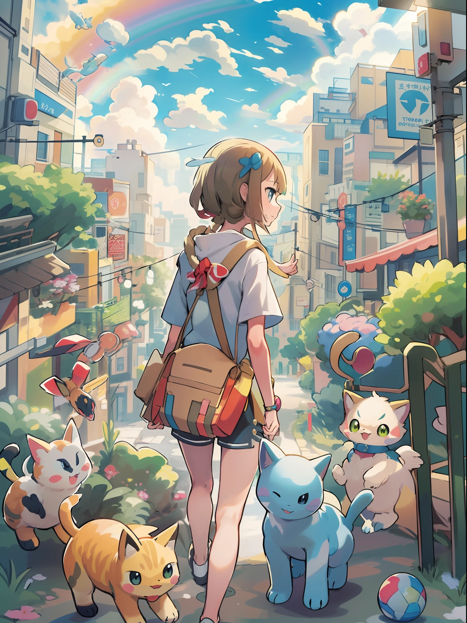 1girl in,A pokémon_The card,(top-quality), (high_quality), (Convoluted_Details), (ultra-detailliert), (illustratio), (Distinct_image),saito_naoki,city scenery、Rainbow view、With cats((Cute cat1.5))