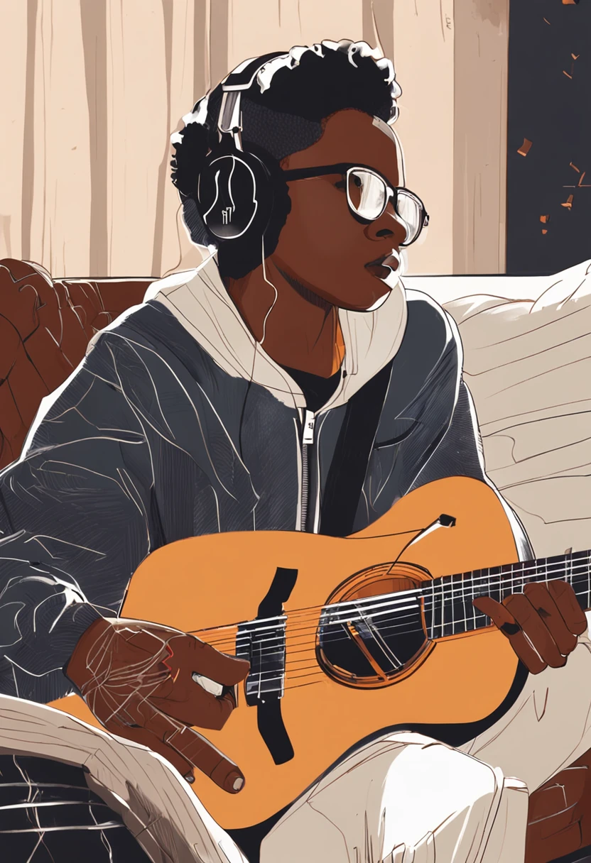 Uma afrodescendente,tocando guitarra,dentro no quarto,realista,The light and shadow are soft,extremamente detalhado,Raytraicing realista,Epic composition,(Detalhes complicados),(design complexo,Hiperdetalhamento:1.2),art stations, (tmasterpiece,melhor qualidade),hiper HD,32k --v 6