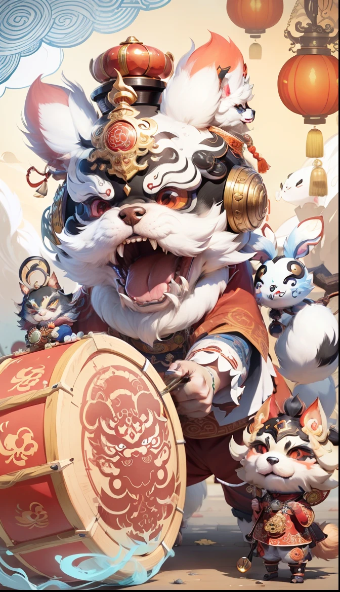 a drawing of a dog holding a drum, chinese dragon concept art, asura from chinese myth, japanese mascot, cute detailed digital art, cute detailed artwork, intricate wlop, takashi murakami art style, chinese mythology, g liulian art style, cute monster character design, barong family member, mascot illustration, discord profile picture, cute elaborate epic robot