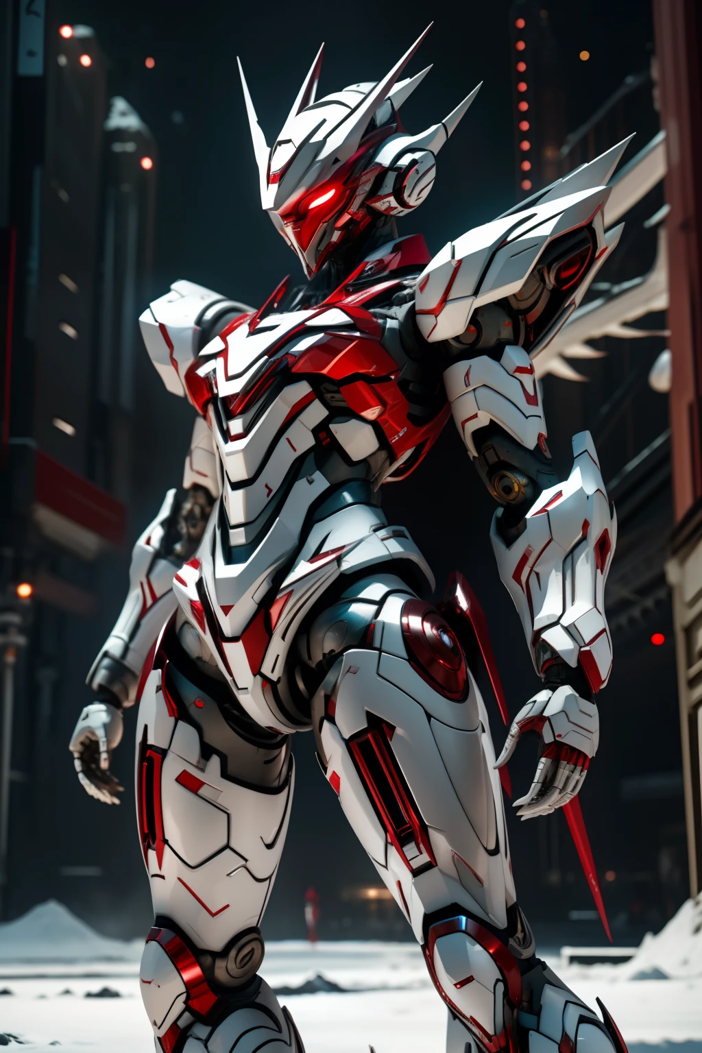 (masterpiece, super-delicate, high resolution), male focus, (((Mobile Ultraman))), (((Mecha))), (his head is tapered, his body is made of red and silver, his arms are mechanized, his body presents a strong mechanical feeling, there are obvious dividing lines between the parts, making the whole look very complex, the overall shape is complex and mechanized), (((Straddle posture))), pose for photos, high angle, dark night, city ruins, Background details, (((whole body))), ((((sense of greatness))), (((solo)))
