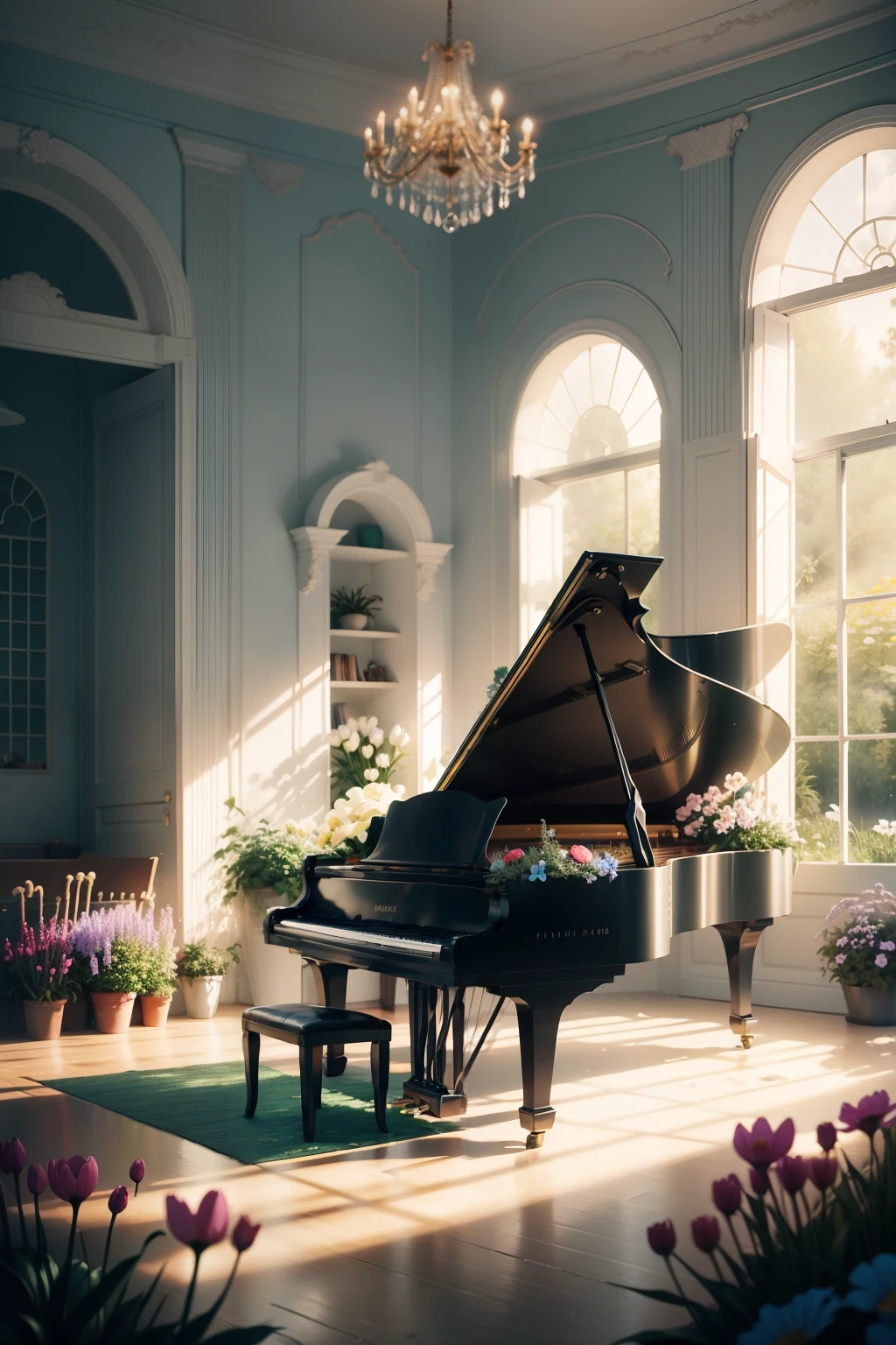 fickle Cartoon-like illustration of a fantastic world In the wilderness The outside world piano unmanned flower field Piano covered with flowers natural soft light Herreiris flower houseplant colourfull Flowers in the room Piece of art tender Warm Modern Sophisticated In a dream Liberation Open