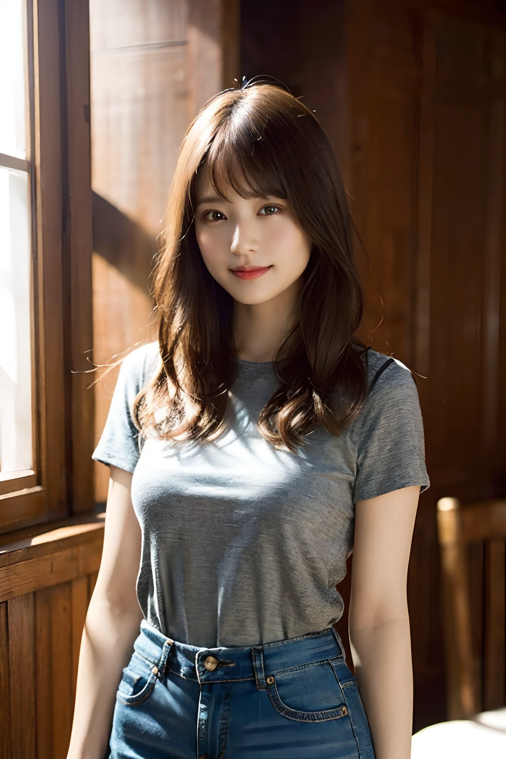 (8k, RAW photo, best quality, masterpiece:1.2), (realistic, photo-realistic:1.37), ultra-detailed, ultra high res,1 girl,looking at viewer,beautiful detailed face,smile,narrow,(slim waist:1.3),shirt, beautiful detailed skin, skin texture, floating hair,professional lighting,