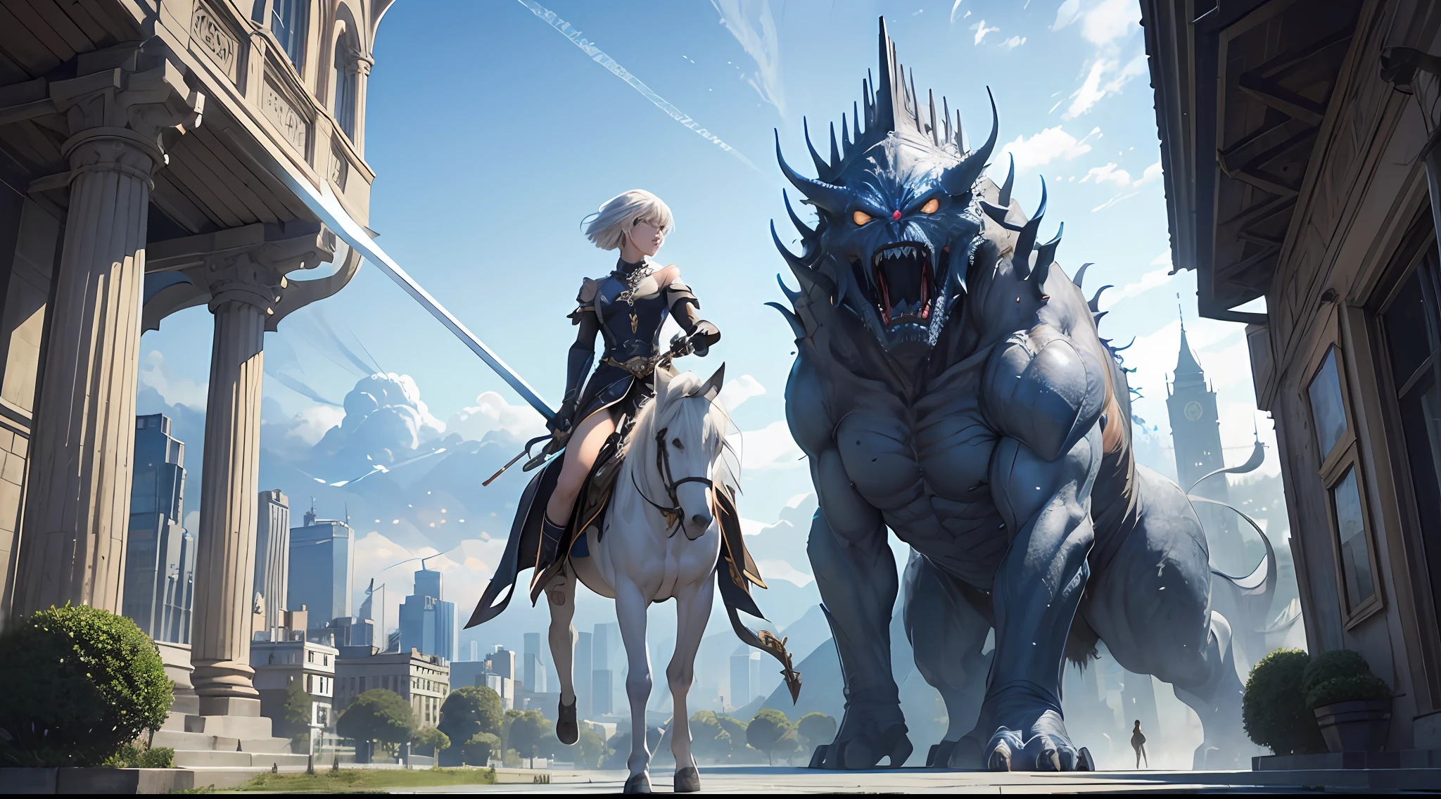 (Best Quality, Masterpiece: 1.1), (Realistic: 1.4), Beautiful girl is riding on the monster, god ray ,teen, silver short hair, blue eyes, over the city, fractal art,Girl holds a sword in her right hand、monster is runnig,The city on fire