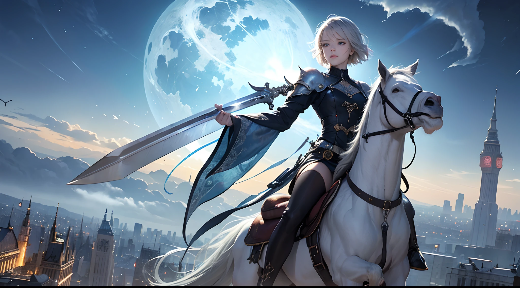 (Best Quality, Masterpiece: 1.1), (Realistic: 1.4), Beautiful girl is riding on the monster, god ray ,, silver short hair, blue eyes, over the city, fractal art,Girl holds a sword in her right hand、monster is runnig,The city on fire