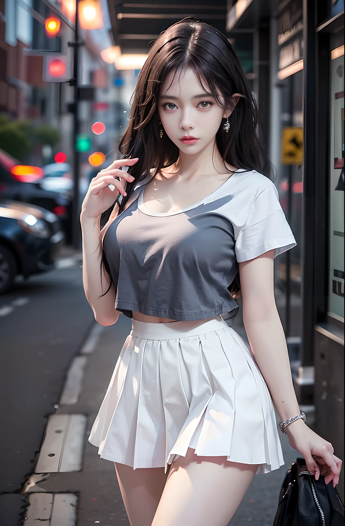 (masterpiece, realistic, high resolution), ((1 girl): 1.2), Korean, ((white wavy hair): 1.3), (heterochromic eyes: 1.1, thick eyebrows,), (white hoodie), ((medium breasts): 1.2, small waist, thigh), catwalk, masterpiece: 1.2, best quality), realism, (real pictures, rich detail details, depth of field), (1 girl, solo), makeup, high detail, perfect face shape, (: 1.4), (skin dents), thick thighs, wide hips, thin waist, high, coral, red lips, red eyes, ponytail (girls, shallow tulle, tulle transparent), (sweat: 1.2), (wet), sexy, blush, (shy expression), tank tops, suspenders, belly pockets, shorts, yoga pants, tight short skirts, tight shorts, stockings, fishnet socks, pajamas, pleated skirts, skirts, hip skirts, flowers on clothes,