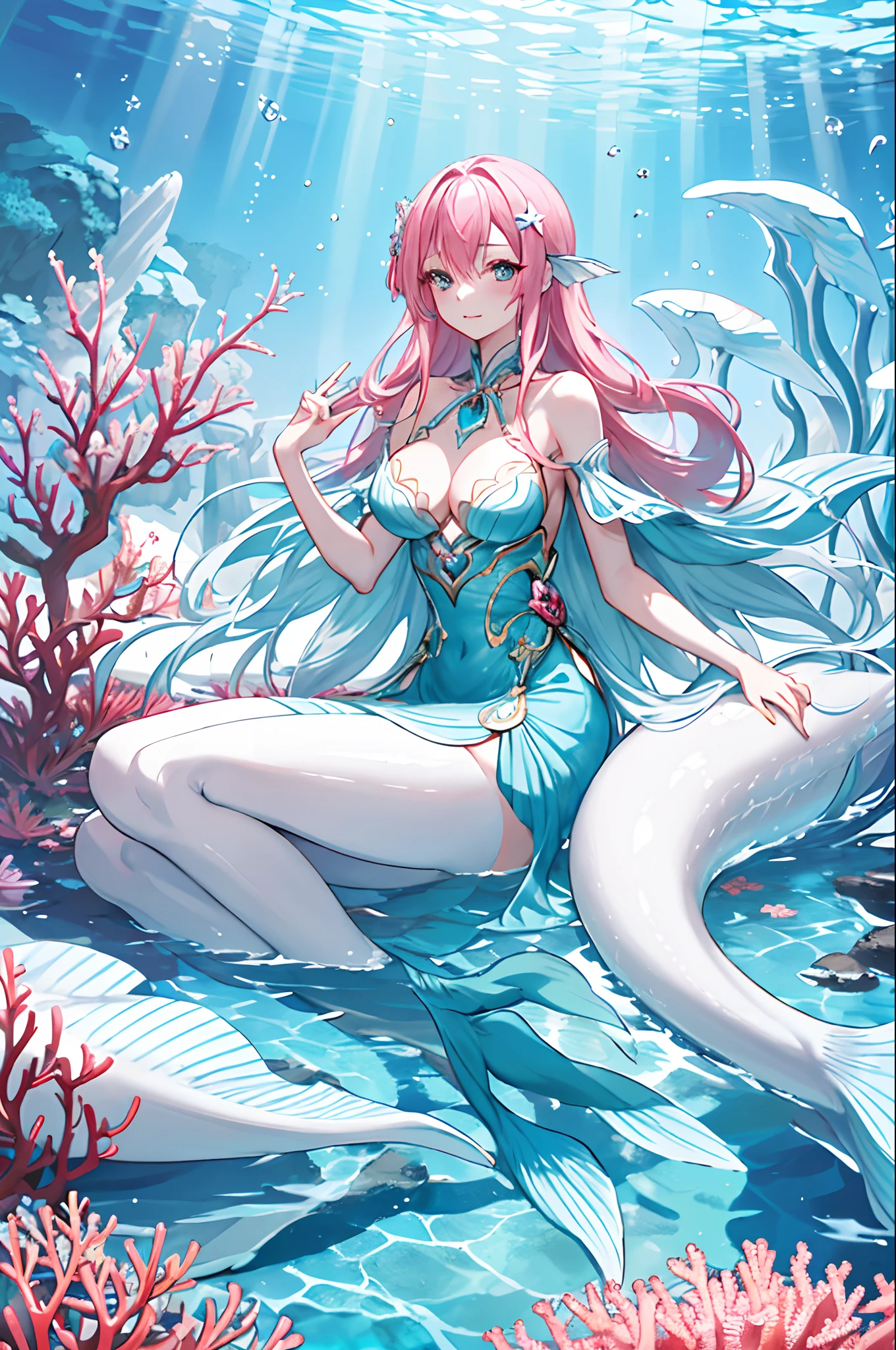 Shirahoshi is an enormous-sized mermaid and stands at an astonishing height of around 17 meters (56 feet). She has a slender and graceful figure, with long and flowing pink hair that reaches down to her waist. Her hair is voluminous and has a slight wave to it. Shirahoshi’s hair is usually styled with two small braids on the sides, framing her face. Her facial features are delicate and gentle, with large, expressive eyes that are a vibrant shade of blue. She has long eyelashes and a small, slightly upturned nose. Shirahoshi’s lips are full and usually adorned with a soft, gentle smile. Shirahoshi typically wears a blue, flowing dress that matches the color of the sea. The dress has a high collar and flares out towards the bottom, giving it a regal and elegant appearance. The dress is adorned with intricate patterns and designs, adding to its beauty. Additionally, Shirahoshi has a pair of large, transparent and beautiful pectoral fins on the sides of her body, which she can use to swim gracefully through the ocean. Overall, Shirahoshi’s appearance is both ethereal and captivating, reflecting her status as a mermaid princess in the world of One Piece. Create a vibrant and enchanting artwork of Shirahoshi from One Piece underwater, surrounded by a mesmerizing school of colorful fish and other sea creatures. Capture her serene and gentle nature as she interacts with the underwater world. Incorporate elements like sparkling water, coral reefs, and rays of sunlight piercing through the depths to enhance the magical atmosphere of the scene