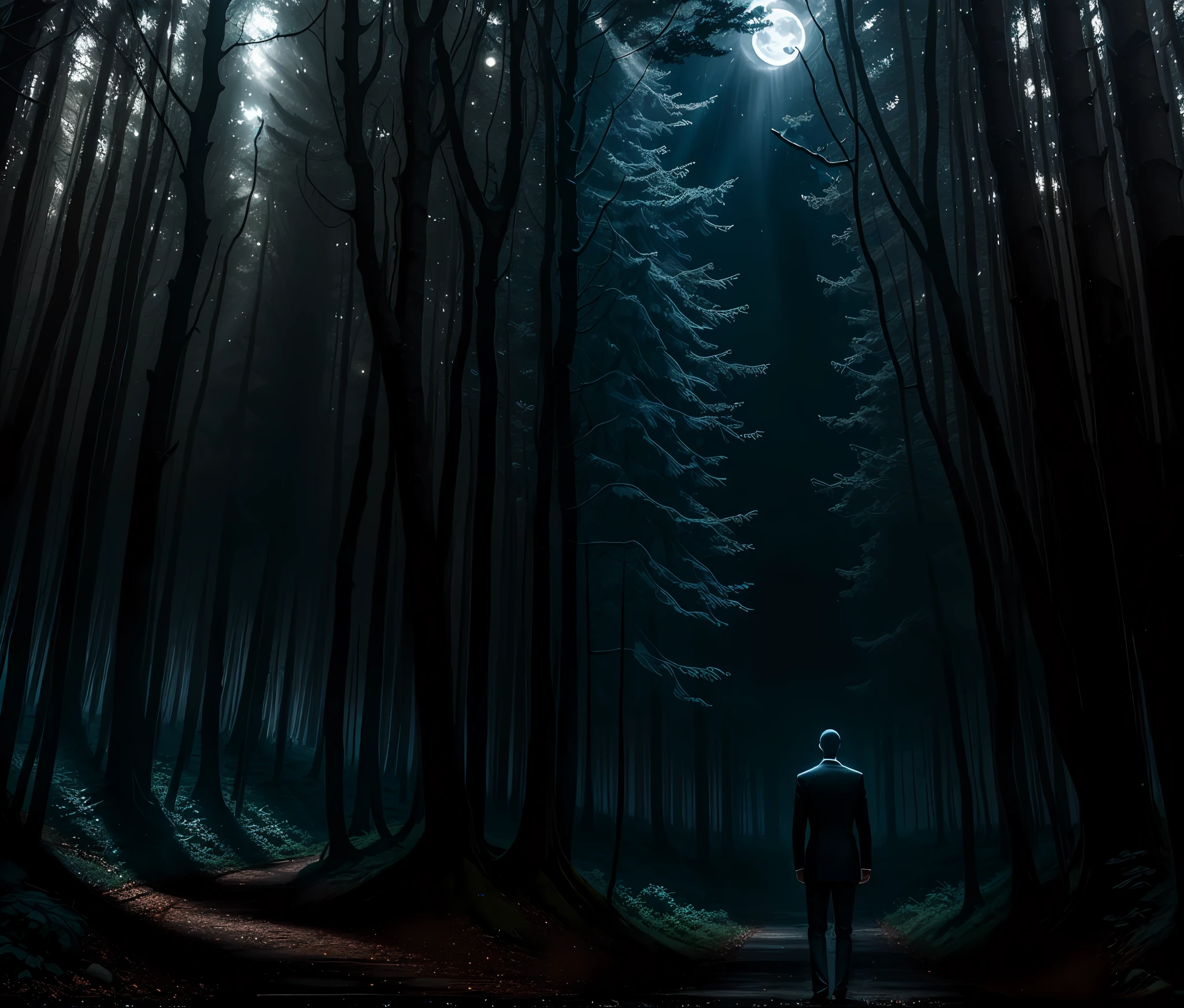There is no face，White head，lanky body，the night，rays of moonlight，suit male，Spooky forest