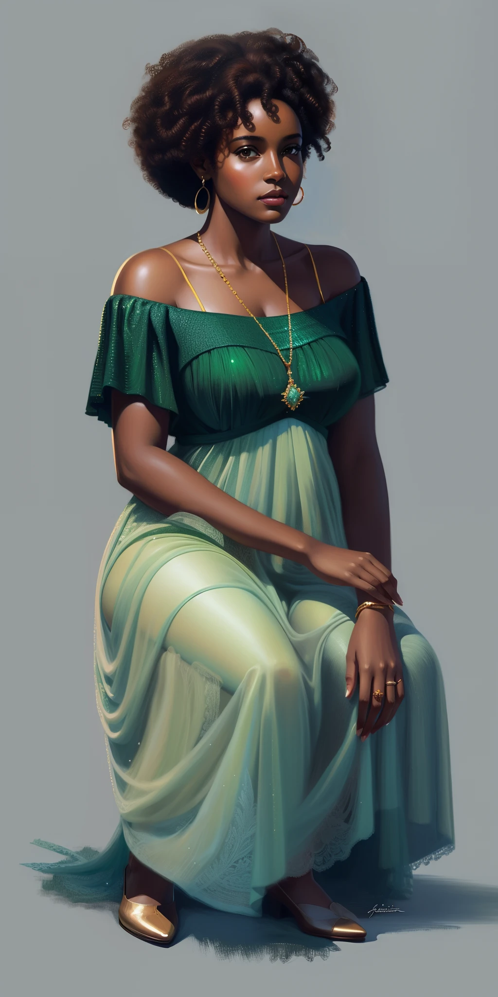 uma mulher africana africana  pele marrom escura:2, olhos fechados;3 entre-abertos, em um vestido verde sentado em uma cadeira, retrato detalhado do corpo inteiro, retrato realista de corpo inteiro, retrato de alta qualidade, retrato realista de corpo inteiro, retrato de corpo inteiro, pintura digital elegante, arte do personagem charlie bowater, retrato elegante, arte digital de um elegante, inspirado em Barkley Hendricks, inspirado em Thomas Blackshear, retrato completo da figura, retrato de corpo inteiro