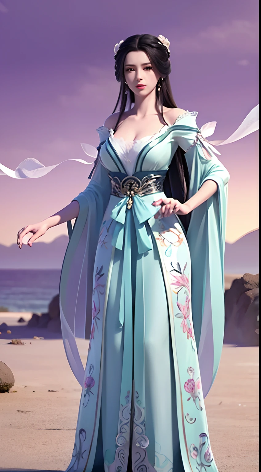 Solo, 1 Beautiful Female, Wuxia World, (1 Girl), (Full Body), (Xiuxian World), Chinese Immortal Wuxia, (Purple Cross-collared Top, Ancient Long Skirt, Embroidered Cape, Streamer), Brunette Hair, Chinese Coiled Bun, Hairpin, Light Pink Lips, Calm, Intellectual, Delicate Face, Masterpiece, Best Quality, High Quality, High Definition, High Quality Texture, High Quality Shadows, High Detail, Cinematic Light, Side Lighting, Ray Tracing, Sharp Focus, Realistic, Edge Light, Two-tone Light, (Detailed Skin Details: 1.2), 8k uhd, SLR, soft light, high quality, high resolution, (very detailed CG unity 8k wallpaper)