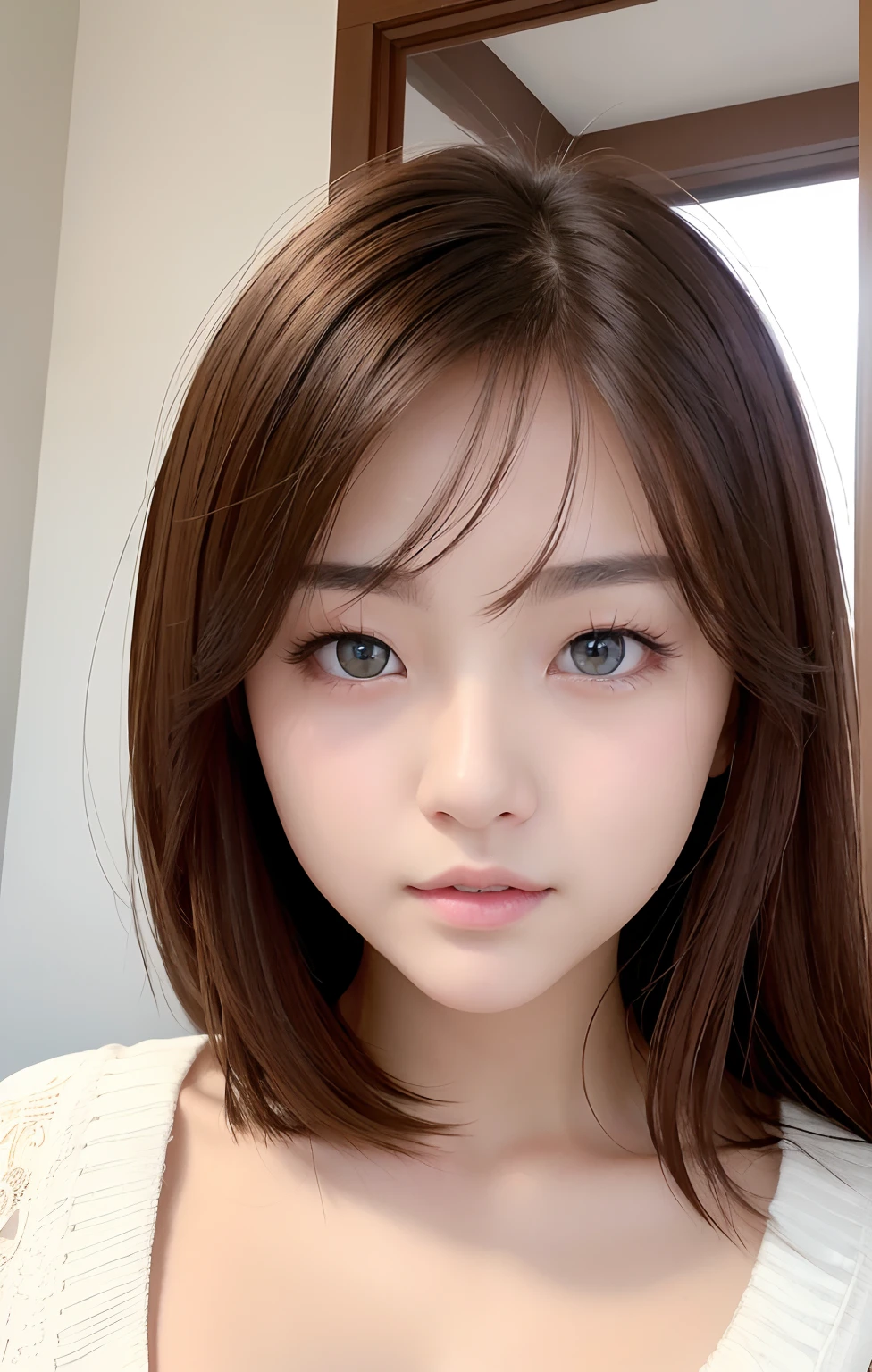 A gentle and lovely Chinese beautiful woman, delicate and sexy collarbone, charming goose egg face, double eyelids, smart peach blossom eyes, pink lips, small upturned nose, bare shoulders, focused face, face close-up, ultra HD, super detail, full body photo, ultra-thin light transmission optimal ratio four fingers and one thumb, JK miniskirt
