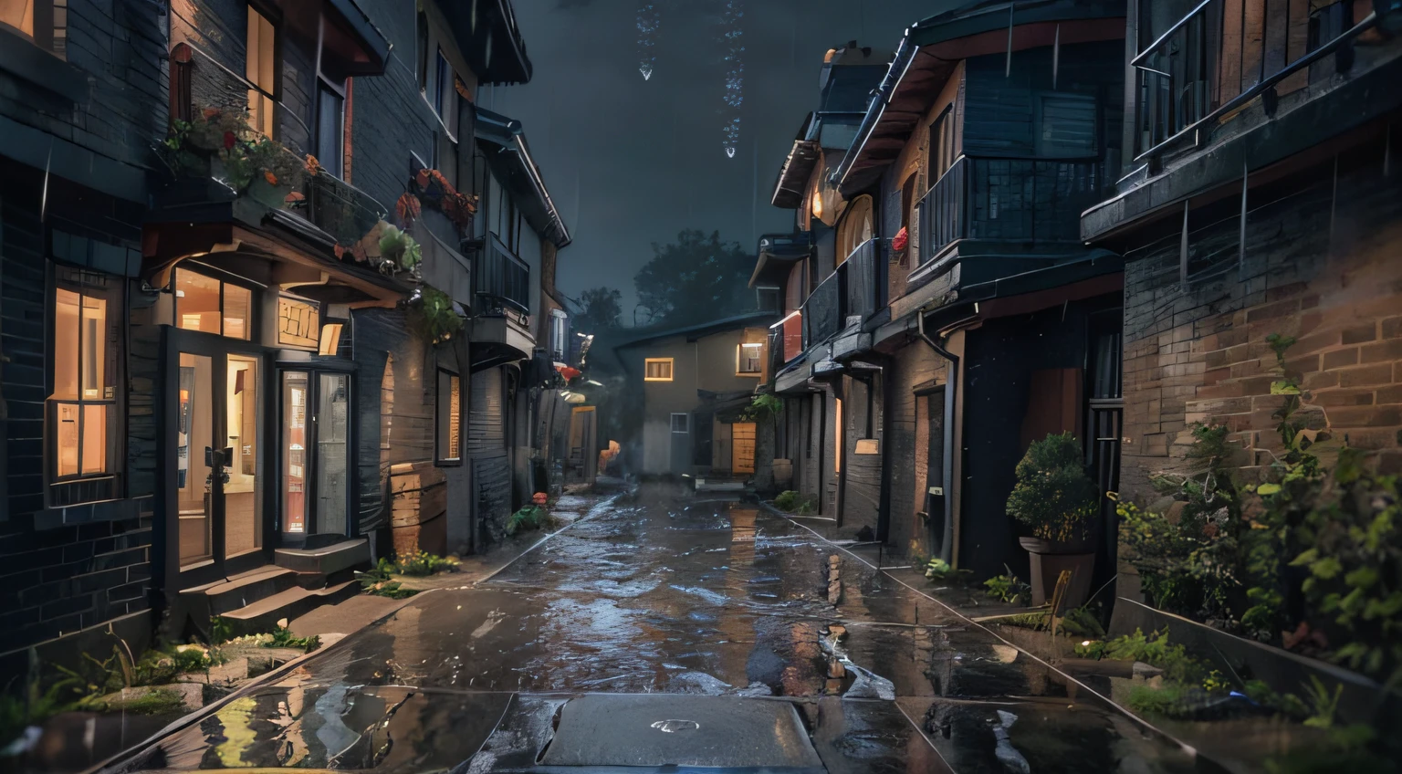 (Masterpiece:1.2, Best quality), (Real picture, Intricate details), (Night, Dark, heavy rain poured:1.4)
There was no one in the alley, the surroundings were silent, only the raindrops sprinkled on the tile eaves of the low houses near and far, making a slight rustling sound. In the cold rain,  Ultra photo realsisim, Highly detailed, 8K, 3D high - definition