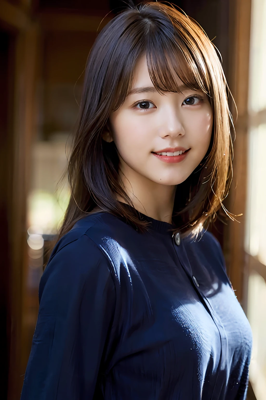 Highest quality、masterpiece、Ultra-high resolution、(Realistic:1.4)、RAW Photos、girl, Wear a cozy sweater, Upper body, (Laughter:1.1), (Open your mouth:1.1), (Eyes Wide Open:1.2), Sunlight glare, Bokeh, Written boundary depth, Blurred Background, Particles of light, Strong winds, (Heart Particles:1.1)
