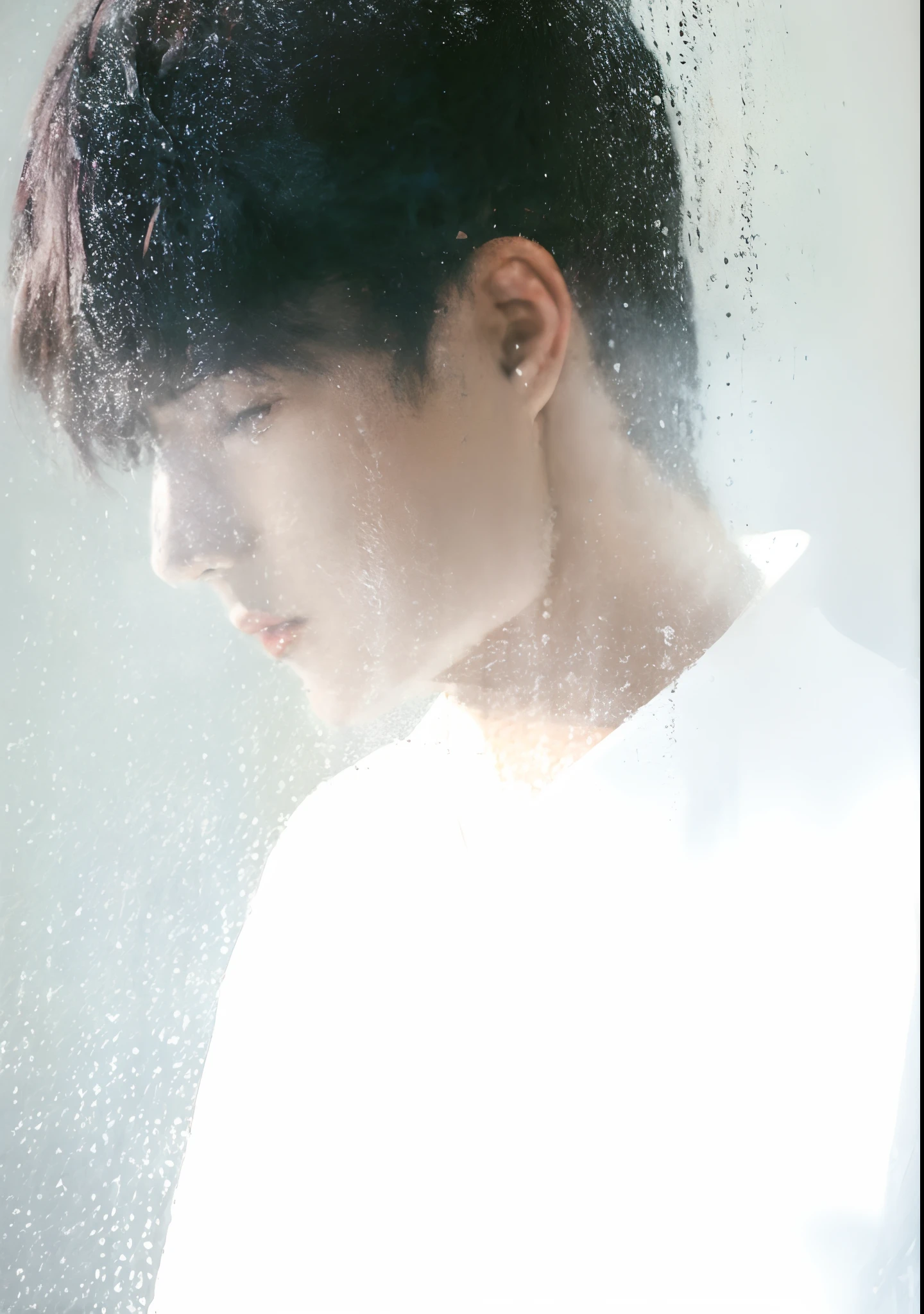 There was a handsome man standing in front of the window, glossy from rain, rained, water dripping off him, Wang Yibo, Big handsome guy, Invincible big handsome guy, Unparalleled beauty, raining portrait, like a catalog photograph, profile shot, side profile shot, tears in the rain, soft light from the side, [ Realistic photo ]!! , window ( rain ), under rain, ink wash style