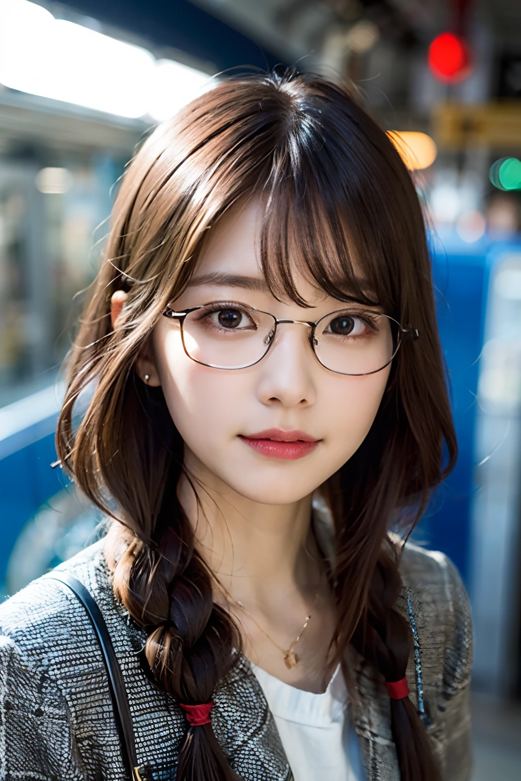 (8K、Raw photography、top-quality、masterpiece:1.2)、(realisitic、Photorealsitic:1.37)、ultra-detailliert、超A high resolution、女の子1人、see the beholder、beautifull detailed face、A smile、Constriction、(Slim waist) :1.3)、Braids、Beautiful detailed skin、Skin Texture、Floating hair、Professional Lighting、Waiting for the platform train、Square glasses with black rimming、Whole human body、Brown hair