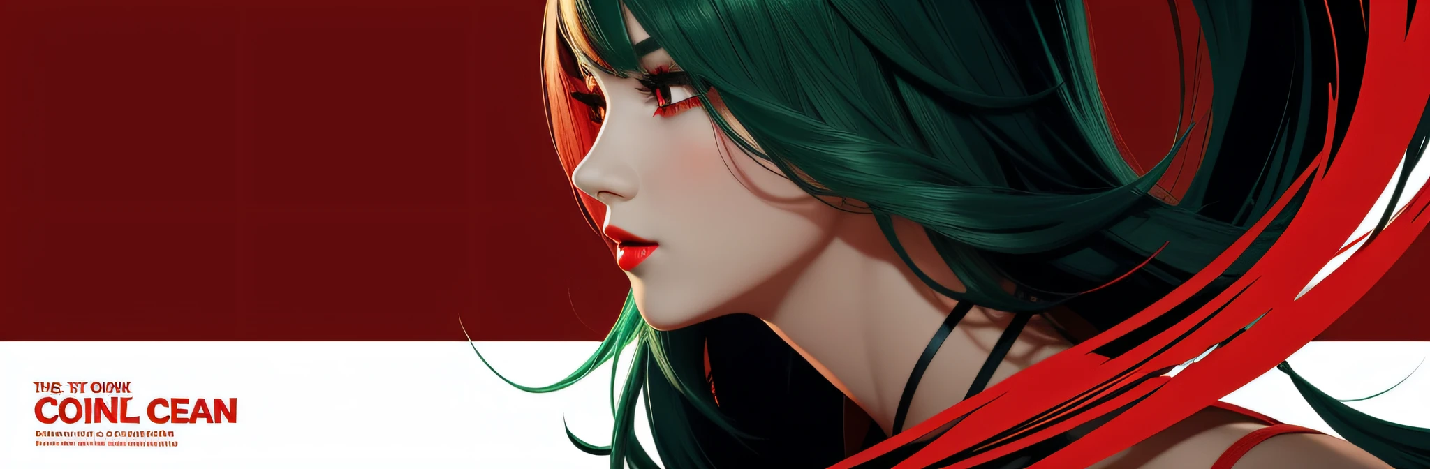 Close-up of poster background，The main color is Chinese red，The color is bright，Strong contrast，Full of atmosphere，The silhouette of the girl's complete avatar is the subject，Green hair，Redlip，There are God's red eyes，The color uses red heavily，black andwhite，Strong contrast，The silhouette is clean and neat，The text is centered as a whole，English，central composition，Silhouette of a branch in the upper right corner，flat art，Very balanced，