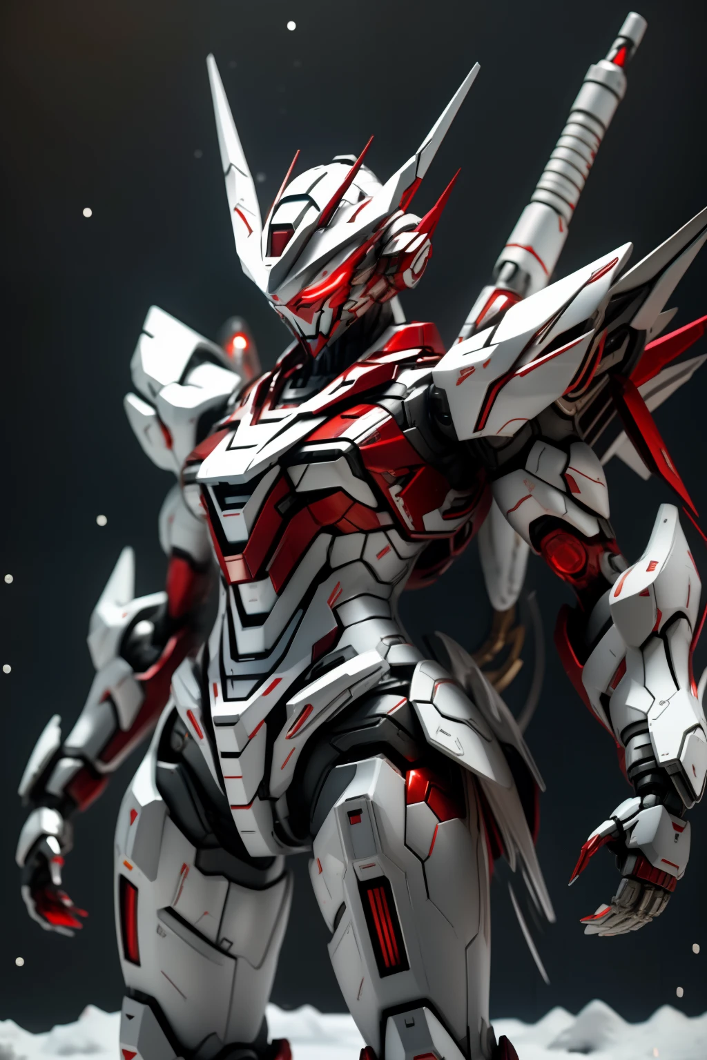 masterpiece、top-quality、hight resolution、cyberpunked、Real with creativity、White and red metal body、Slender woman、Beast Woman、Ultraman、snow-white body、(Stance:1.1)、Biomechanics、 Megacities of the future、Dramatic Lighting、Beam rifle in hand、