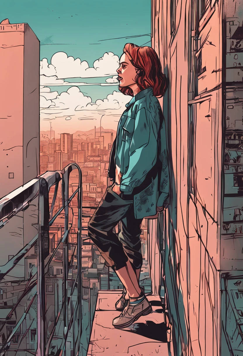 In an old high-rise building,Girl leaning against the railing,Look at the sky out of the corner of your eye