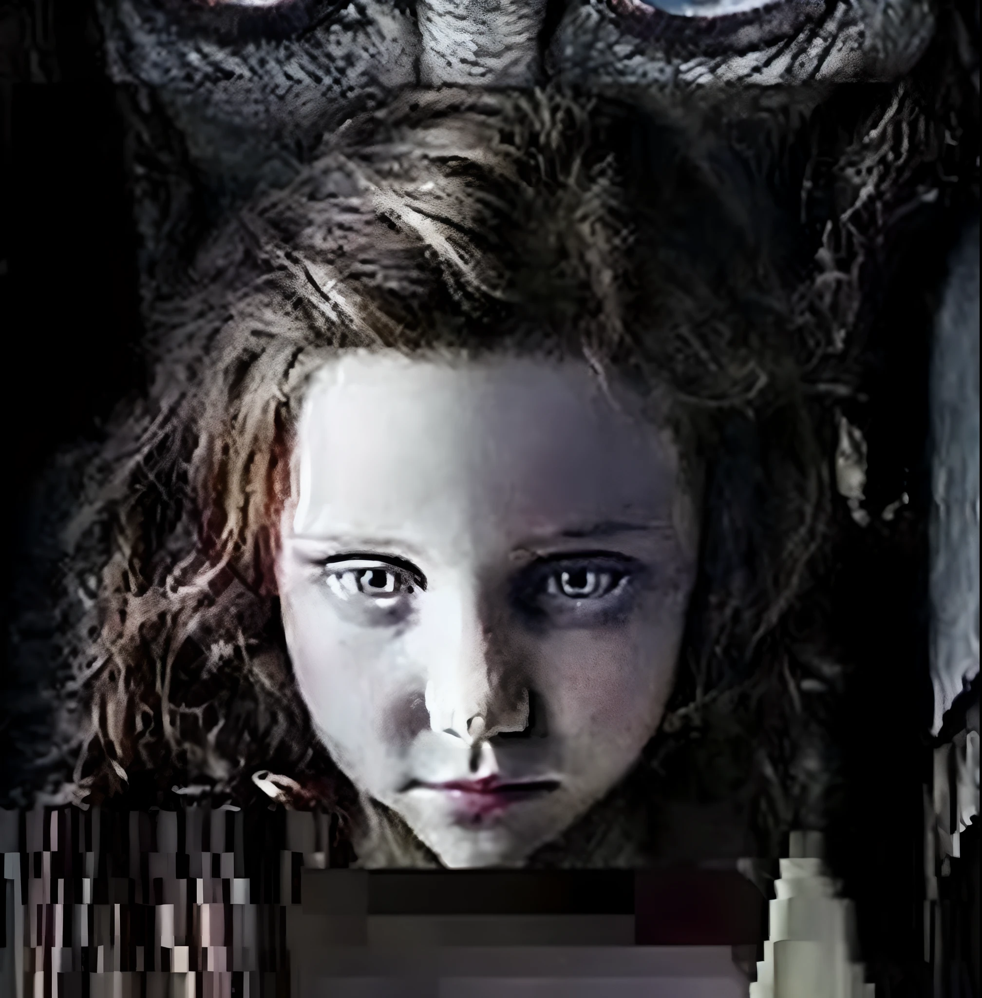 A closeup of a child with a scary face and a scary owl, VVITCH, the girl is scared, filme de terror, Jovem Harpia-Menina, menina com olhos brancos, Escuro!, horror ", horror", assustador, filho do escuro, cartaz de terror, olhar sinistro, obra-prima perturbadora atemporal, foto da menina, insidioso, Captura de tela oficial, muito perturbador