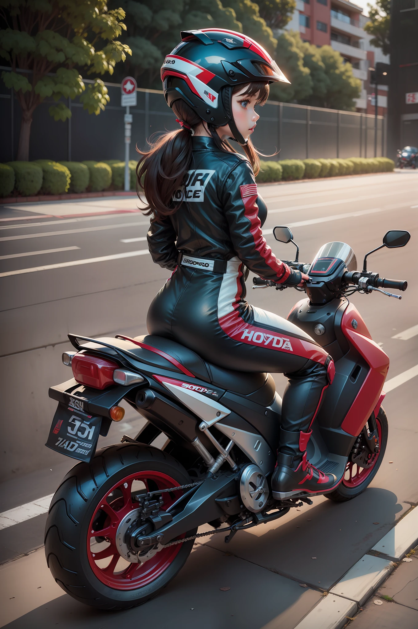 Girl straddling scooter　Honda ADV150　Red Scooter　Girl in racing suit　ﾊﾞﾚﾝﾃPut on an Innorossi helmet　Front view　Honda ADV150　From the front of the bike　Bike Windscreen　This image is an illustration that shines on a helmet
