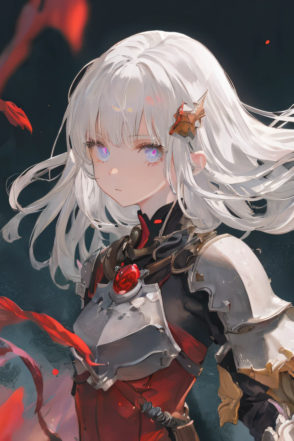 (Best Quality), (masutepiece), 1 girl, Upper body, Detailed eyes, Detailed Armor, hiqcgbody, Medium chest, White hair, Eye color - red, Perfect face, Fantasy background, depth of fields, Look at the viewer, Motion Blur ,