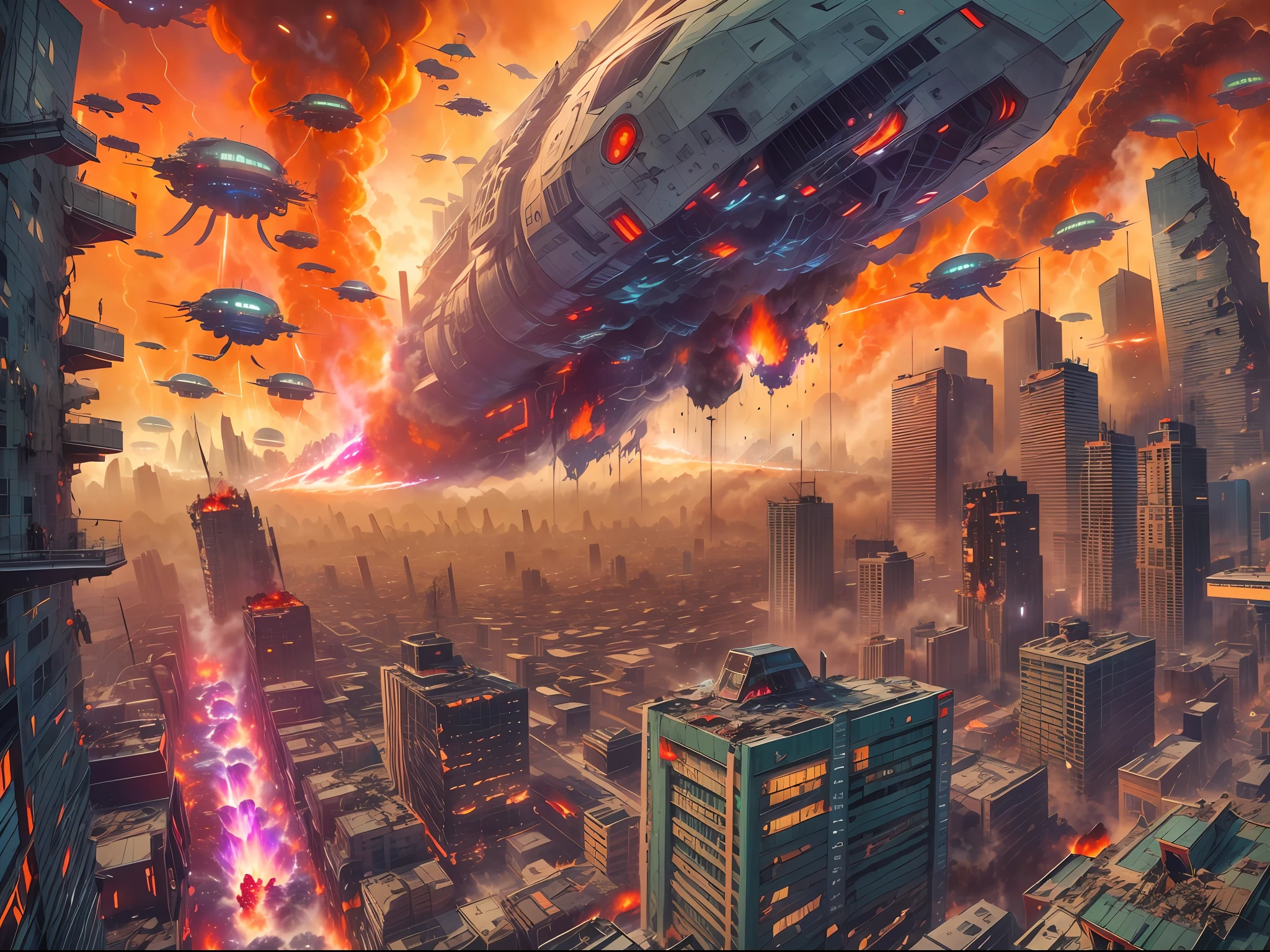 "An extraordinary image capturing a futuristic Tokyo under invasion by alien forces. the alien destroy the city by shooting laser to it, explosion, destroyed city, collapse d building and house, fire, burning street,fire, marvel style alien airship looms overhead, accompanied by a swarm of smaller alien vessels."