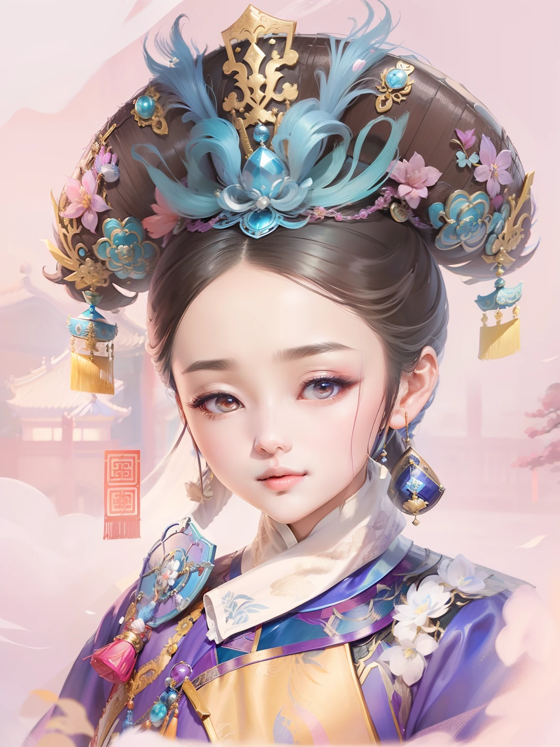 a drawing of a woman wearing a blue hat, dilraba dilmurat, palace ， a girl in hanfu, chinese costume, queen of the sea mu yanling, by Lü Ji, by Zhang Shunzi, chinese empress, fan bingbing, ancient asian dynasty princess, chinese dress, artwork in style of sheng lam