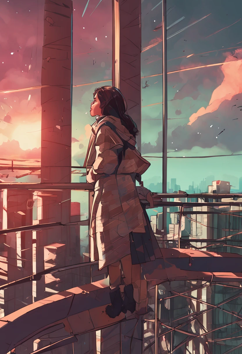 In the middle of a tall building that turns around and abandons，Girl leaning against the railing，Looking at the sky out of the corner of the eye, the sky is small