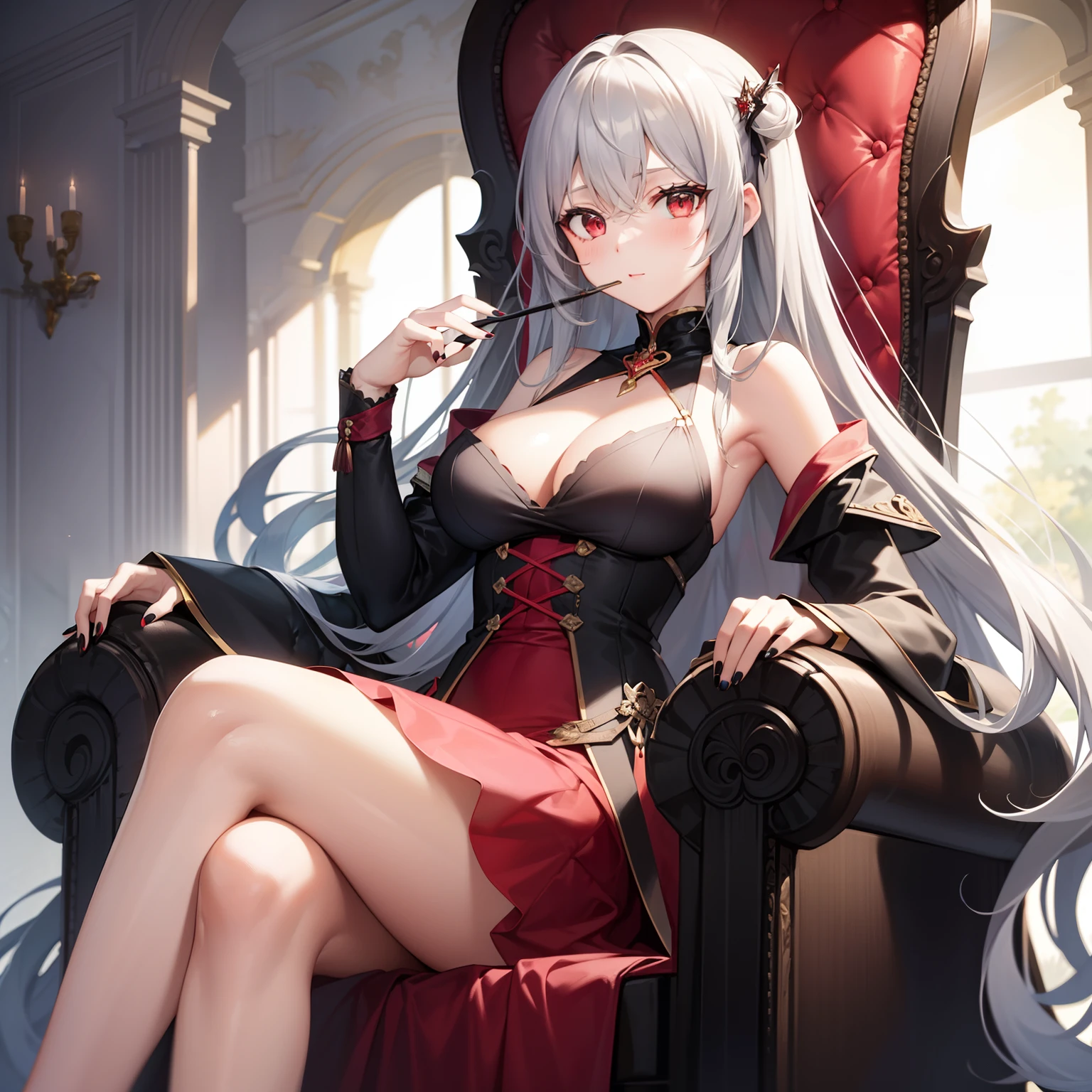 cute one girl gray hair Horizontal knitting long hair red eyes black nails woman sitting on a big throne crossed legs resting elbows