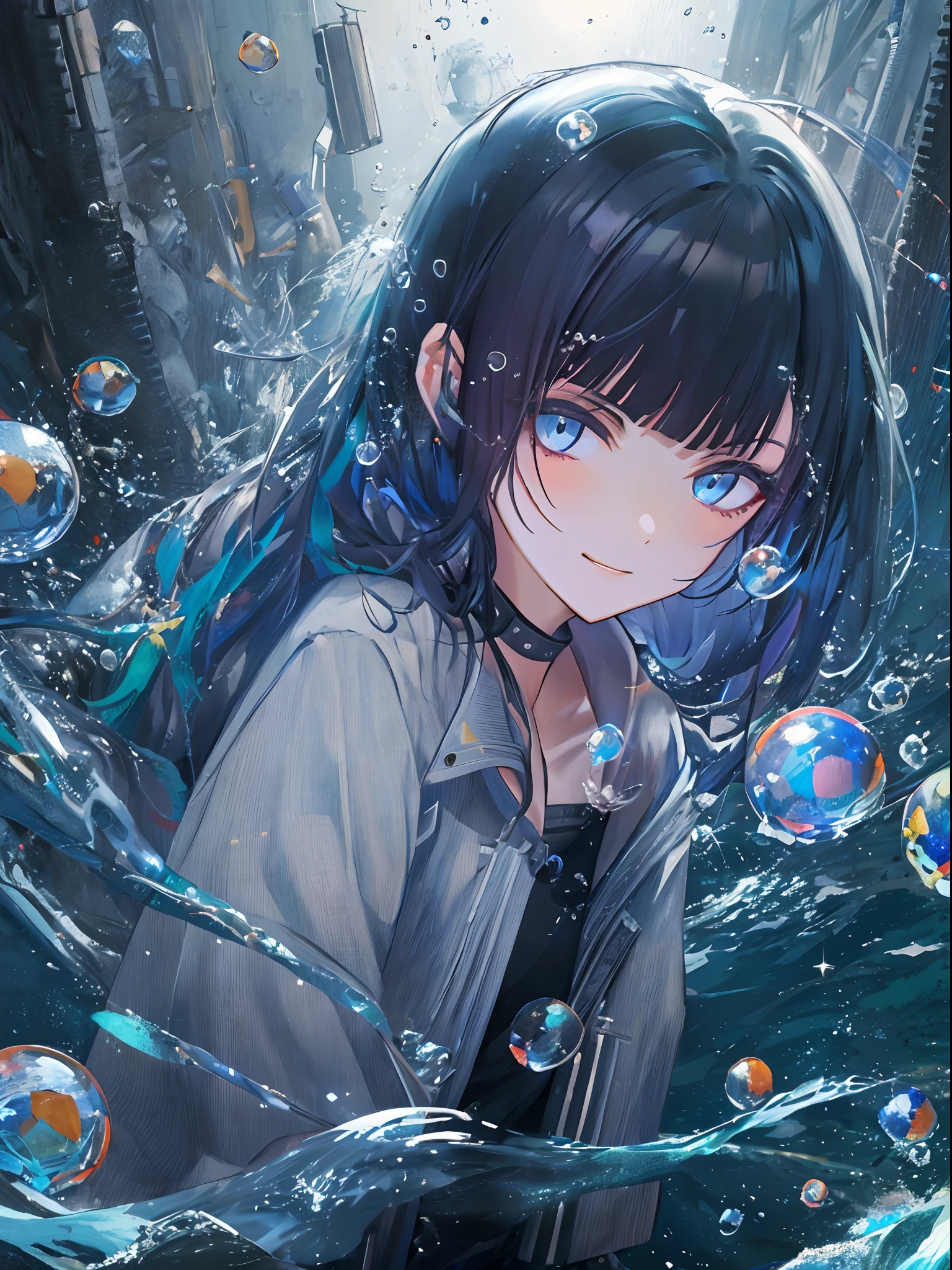 ((top-quality)), ((masterpiece)), ((ultra-detailliert)), (extremely delicate and beautiful), girl with, 独奏, cold attitude,((Black jacket)),She is very(relax)with the(Settled down)Looks,A dark-haired, depth of fields,evil smile,Bubble, under the water, Air bubble,bright light blue eyes,Inner color with black hair and light blue tips,Cold background,Bob Hair