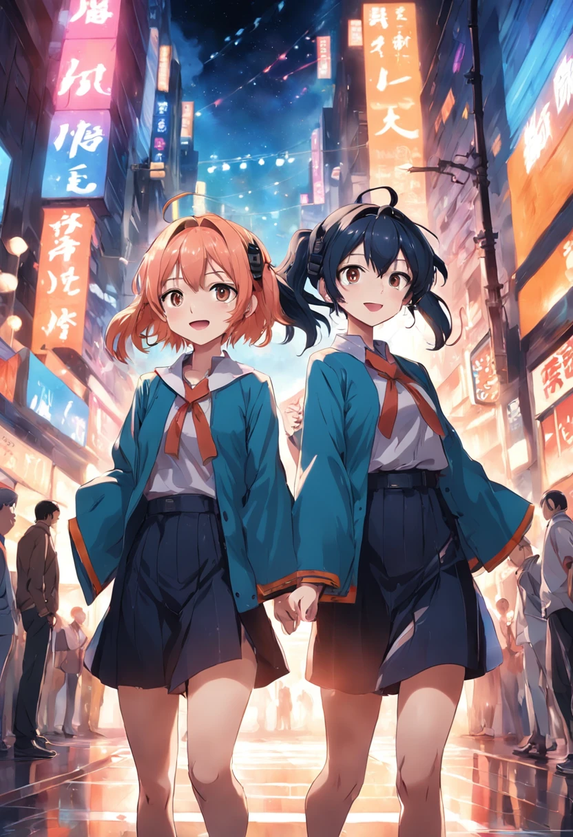 The background is office、Two men and women in their 20s wearing headsets in plain clothes and earnings、Bright smile、Facing the front