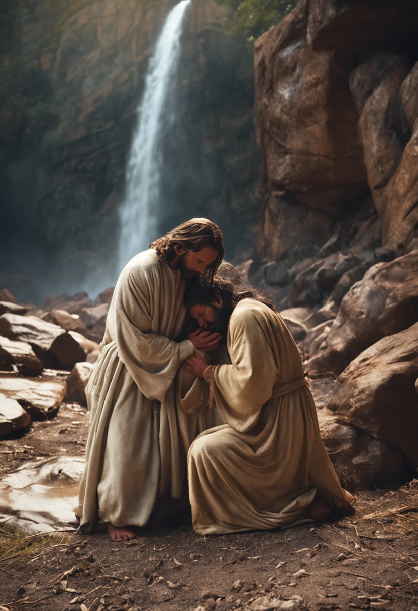 Jesus Christ embracing weeping people, imagem ultrarealista e cinematografica, in the best resolution, como se fosse ao vivo